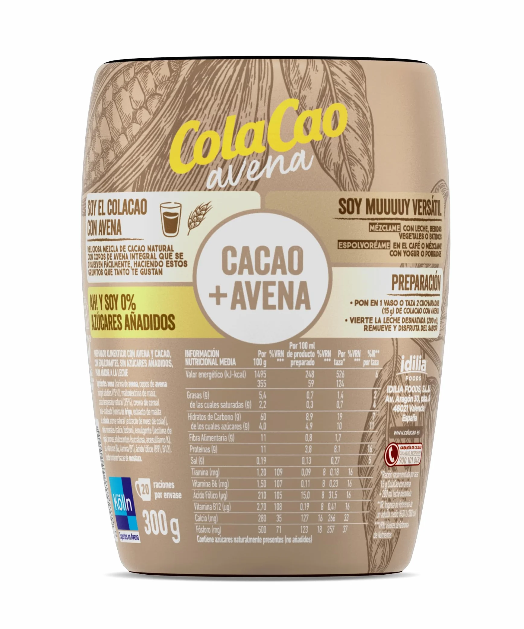 ColaCao Avena Cacao Soluble Natural con 0% Azúcares Añadidos 300g