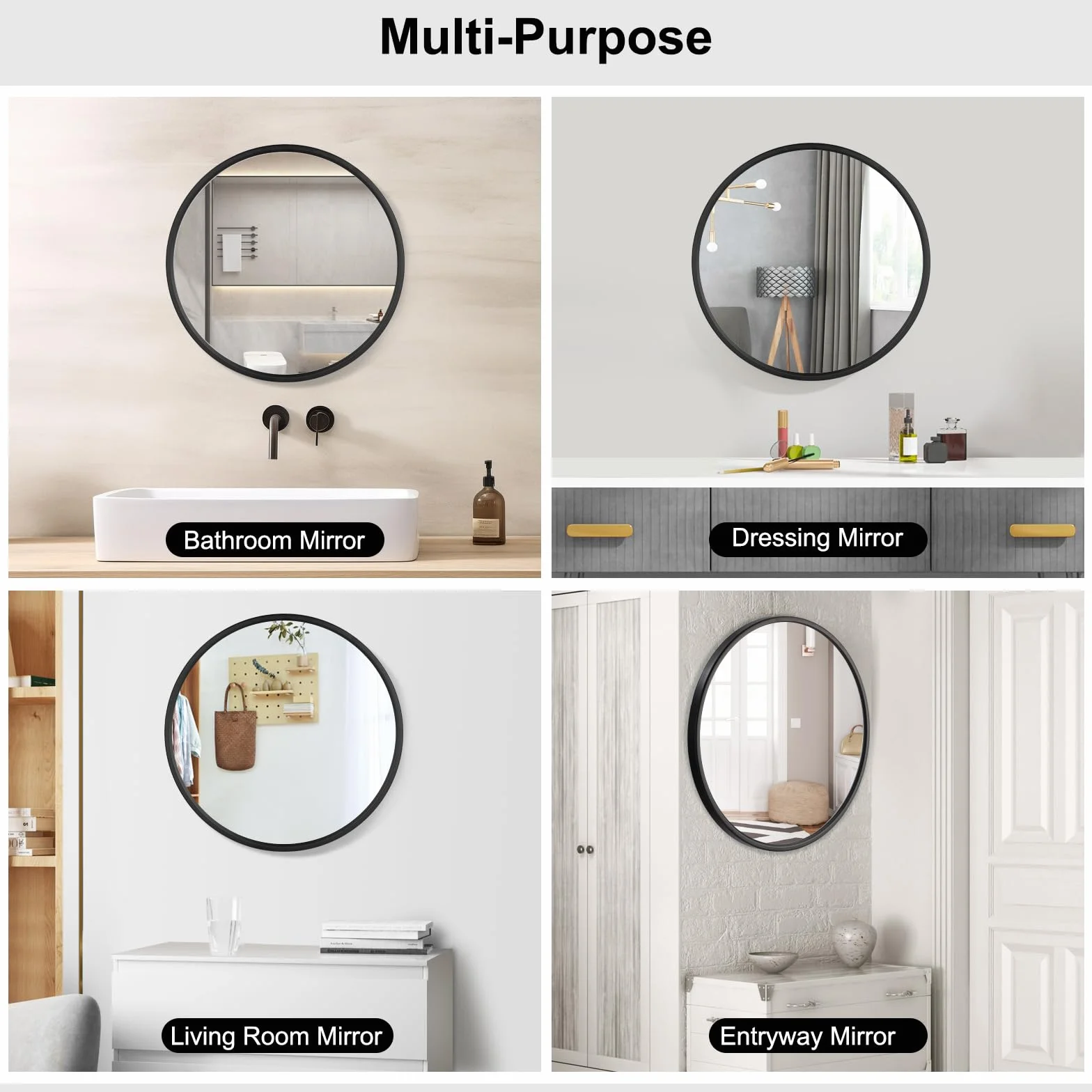 WOLTU Espejo Pared, Espejo Baño, Espejo Decorativo de Baño o Tocador con Marco Metálico Negro, Cristal HD sin Distorsión, Estilo Moderno para Dormitorio, Entrada o Salón, 60 cm