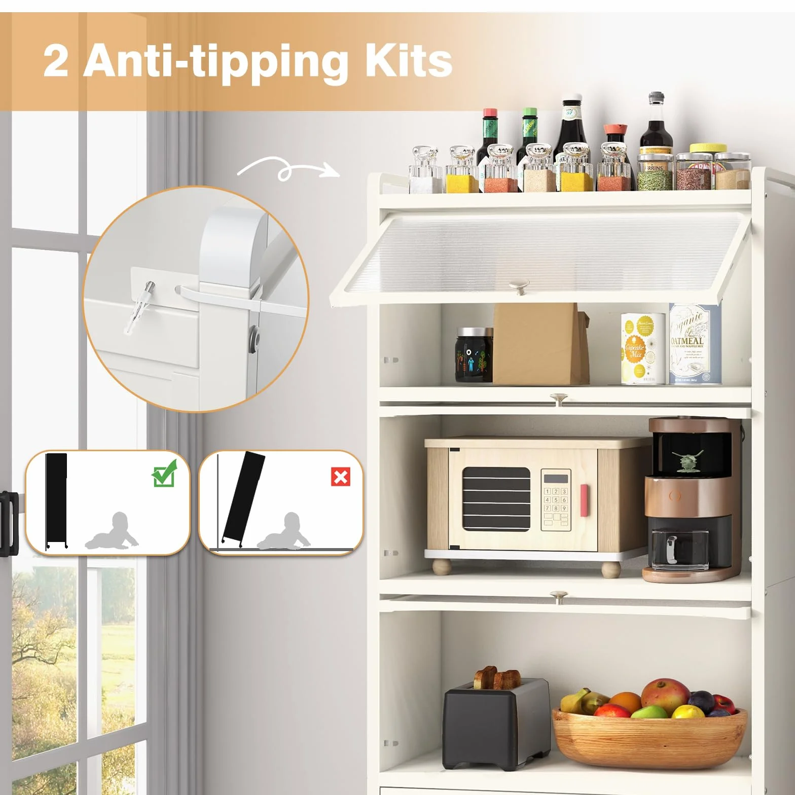 KOMFOTTEU Estantería de Cocina de 5 Niveles, Armario con 4 Ruedas y Puertas Transparentes, Mueble de Almacenamiento de Metal con Dispositivo Antivuelco para Comedor, 60 x 32 x 154 cm (Blanco)