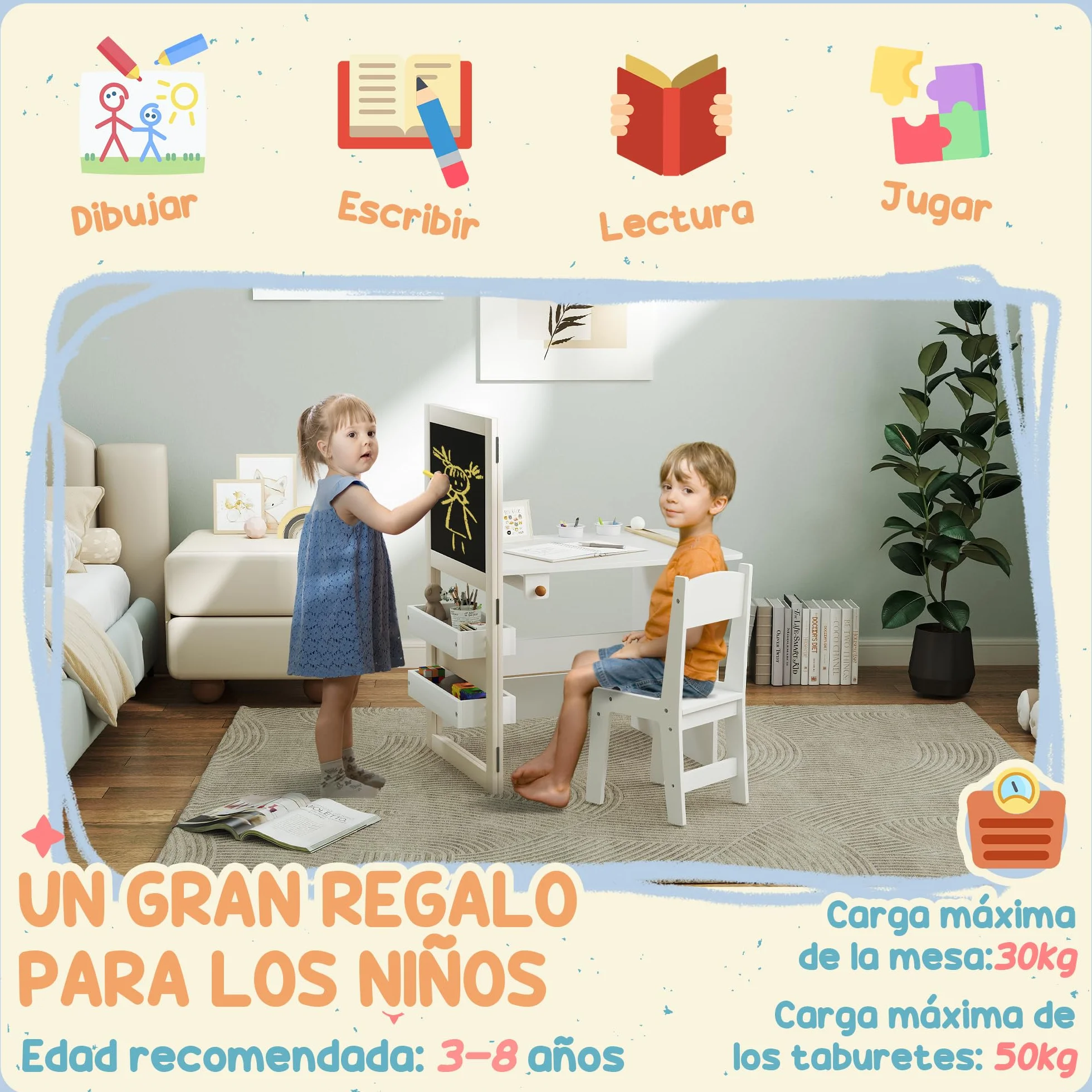 AIYAPLAY Mesa y Silla Infantil de 2 Piezas Plegable para Niños +3 Años con Estantes y Rollo de Papel Blanco