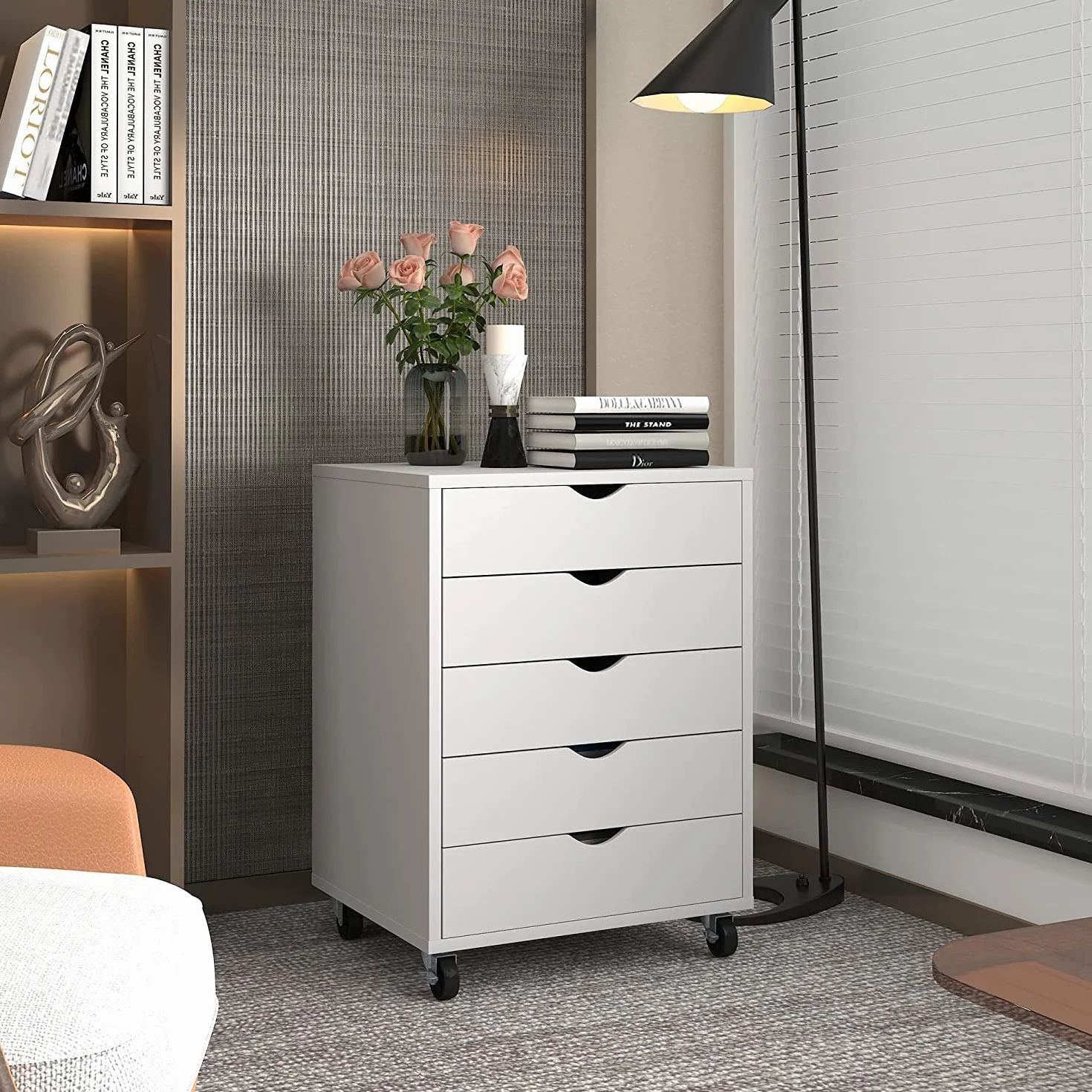 YITAHOME Archivador móvil de 5 cajones, archivador de madera para tamaño A4, documento de tamaño carta, gabinete de almacenamiento debajo del escritorio, archivador vertical portátil, blanco