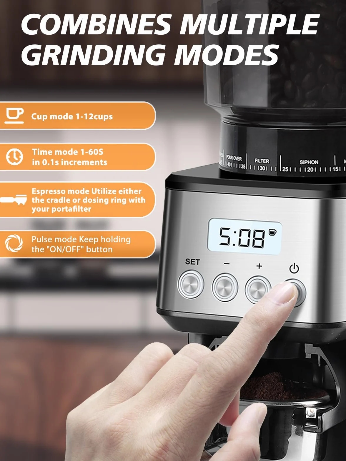 Homtone Molino de Café Eléctrico, 51 Niveles de Molienda Ajustables, Molinillo Cónico de Acero Inoxidable, Tecnología Antiestática, para Espresso, Café de Filtro y Prensa Francesa, 160 W (Plata)