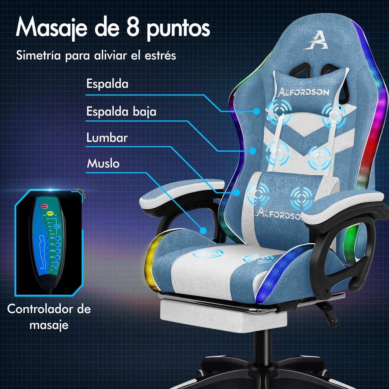 ALFORDSON Silla Gaming Ergonómica con Masaje y LED, Reposapiés Telescópico, Cojín Lumbar y Cervical, Azul y Blanca
