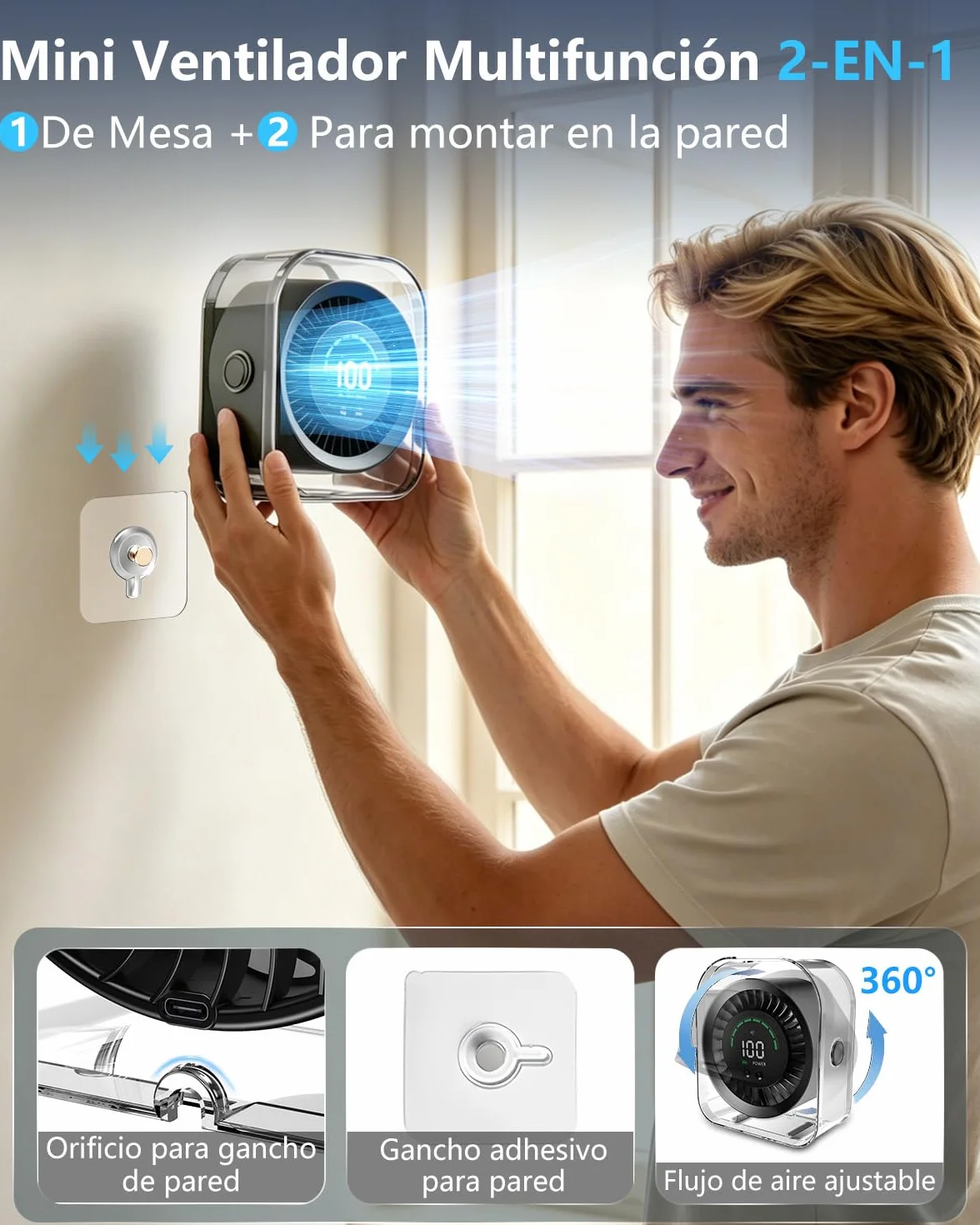 DDKJ Ventilador de Mesa Silencioso USB Recargable 360° 100 Ajustes 15 Horas 2 en 1 Sobremesa/Pared Negro