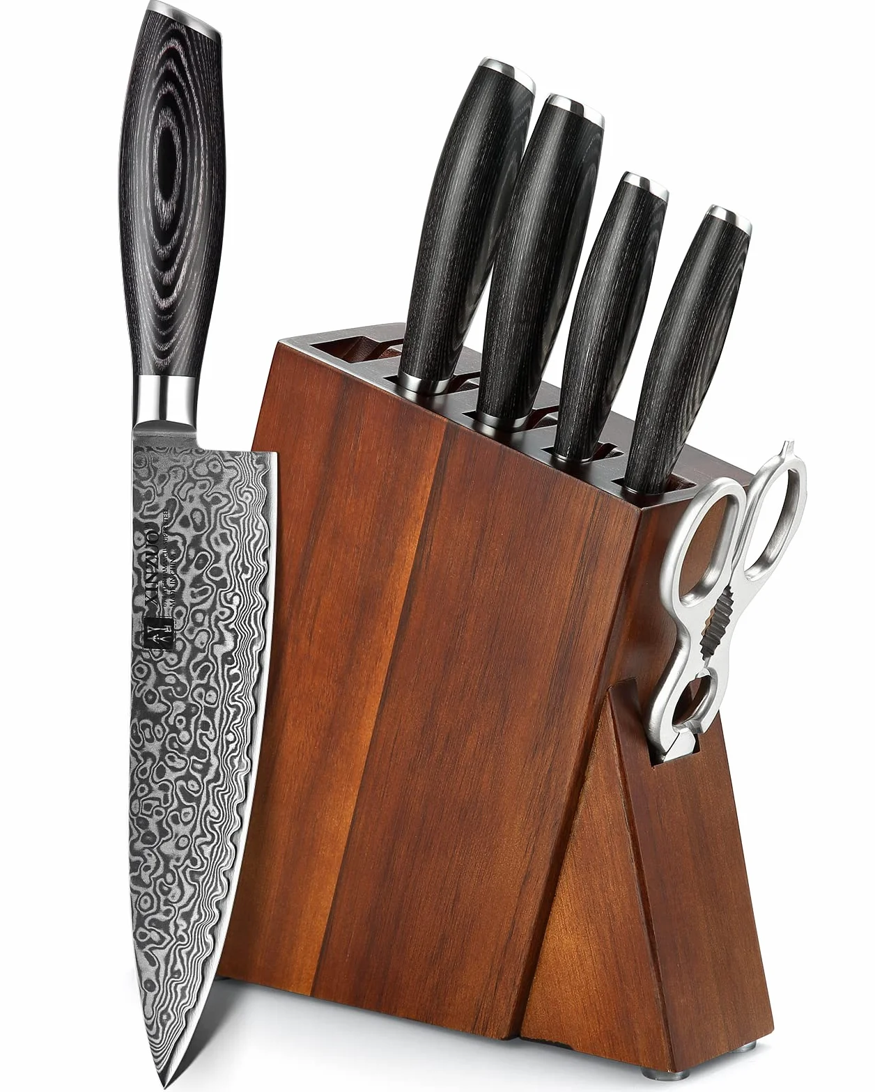 XINZUO Acero Damasco 7 Piezas Set Cuchillo profesional de chef Santoku con Bloque de Madera, Fileteador Universal Fruta,Tijeras de Cocina Multifuncionales con Mango de Pakkawood -Ya Serie