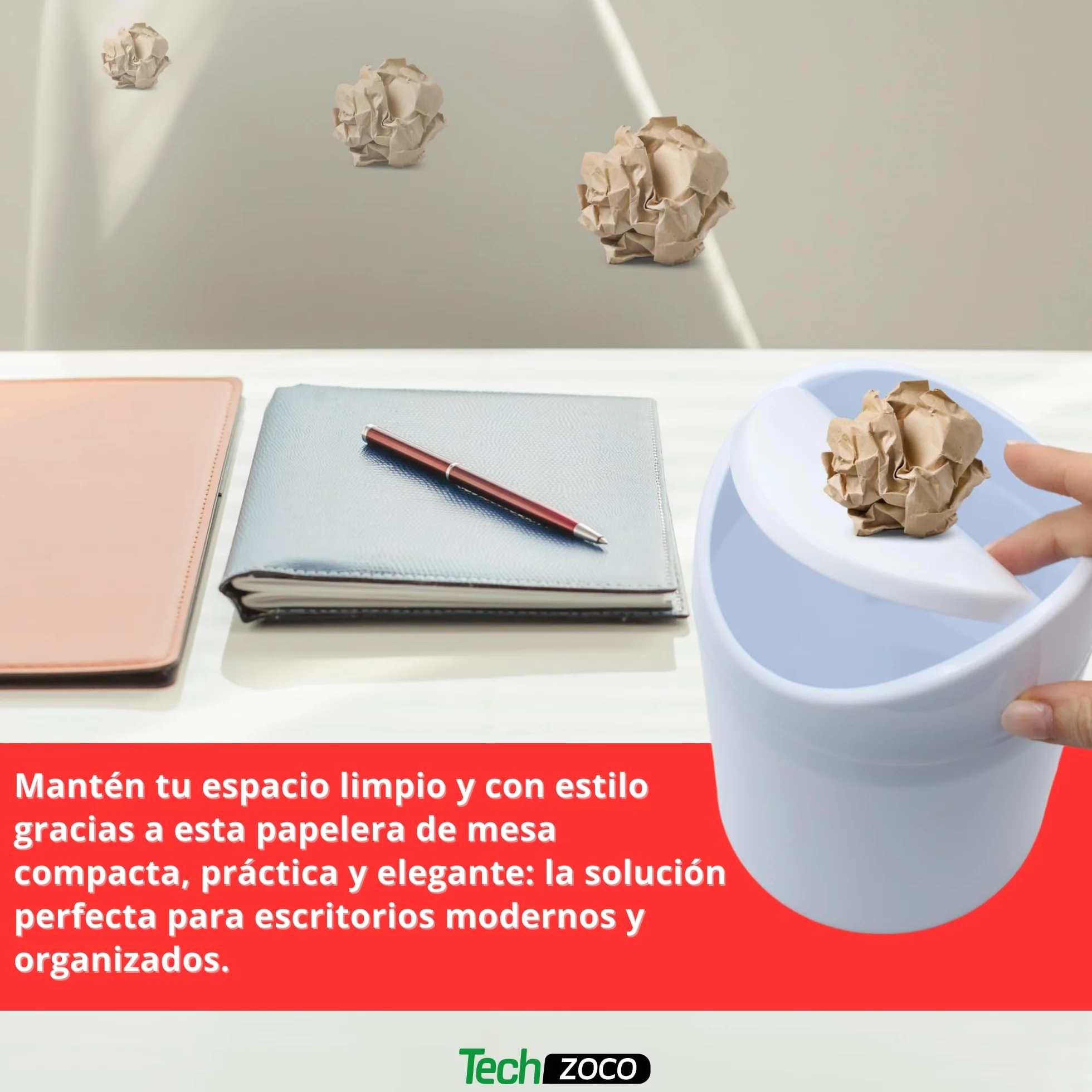 TECHZOCO Papelera de mesa con tapa abatible, Mini Basurero de Mesa, Cubo de Basura para Escritorio, Papelera Escritorio de Oficina, 17.5 cm de altura, Plástico, 1.4 Litros, Blanco