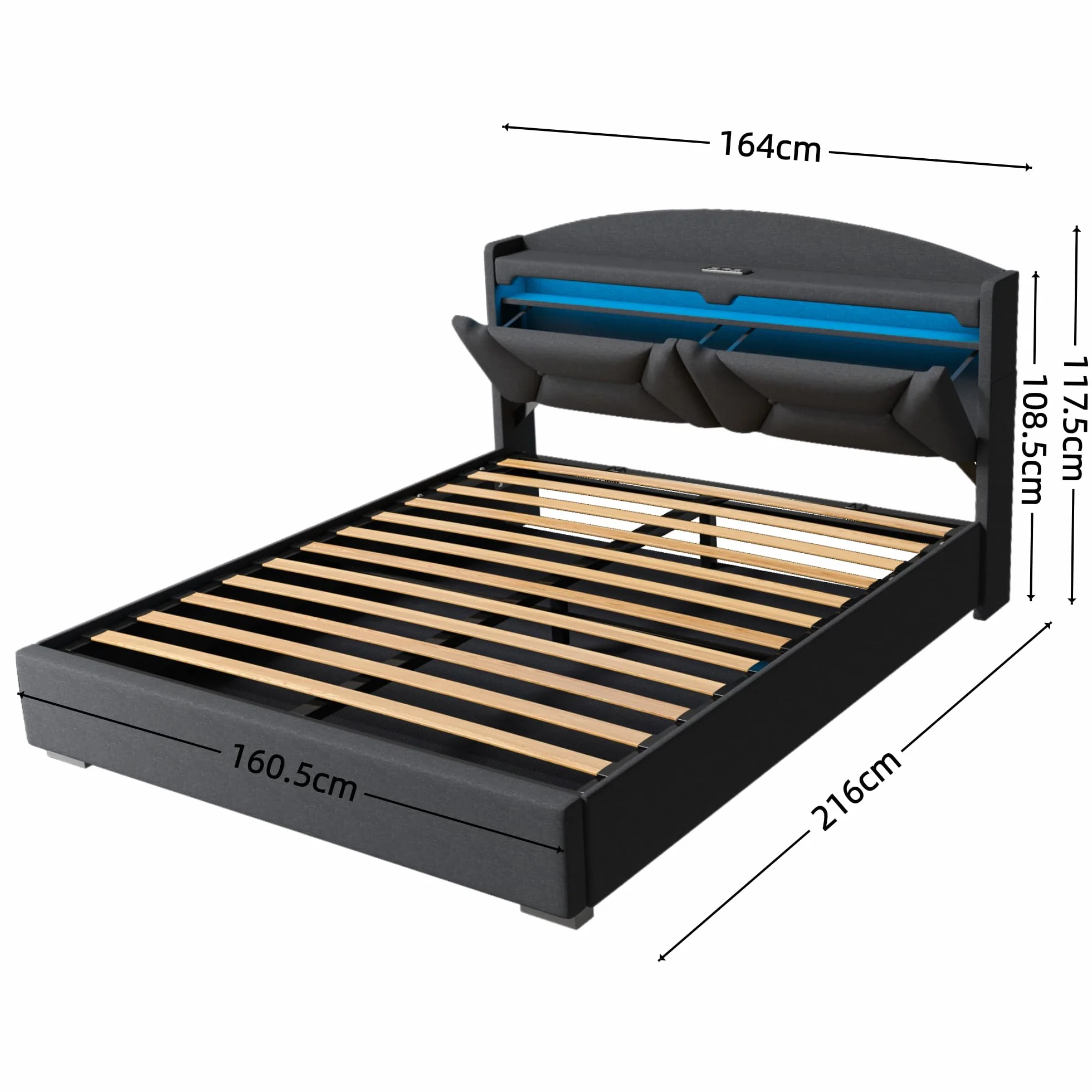 Cama Matrimonio 160x200 con Almacenamiento, Camas Matrimoniales con LED, Puertos USB y Type-C, Canape 160x200 Hidráulico, Cama Matrimonio con Cabecero, Lino, Gris, Colchón No Incluido