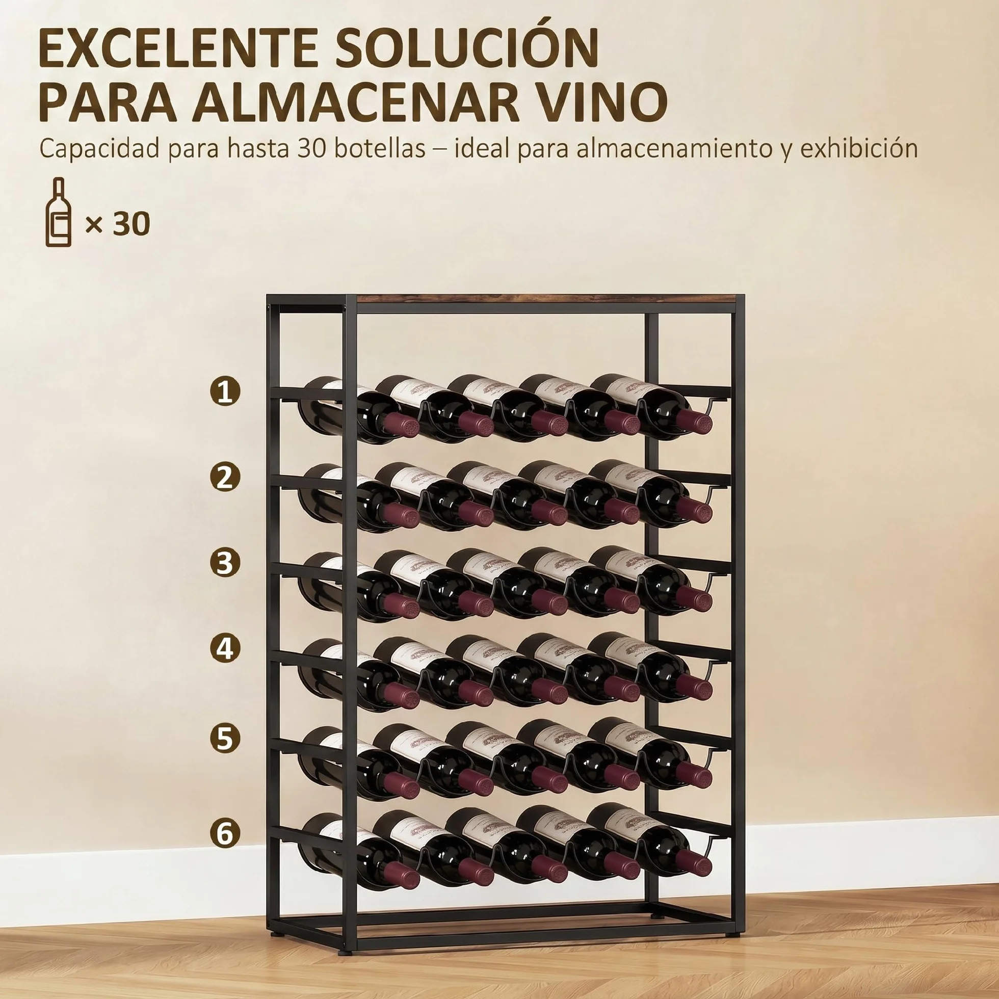 HOMCOM Botellero para 30 Botellas, Botellero para Vino de 6 Niveles con Encimera de Efecto Madera, Estilo Industrial, para Cocina, Comedor, Bar, 59x30x88,5 cm, Marrón Rústico