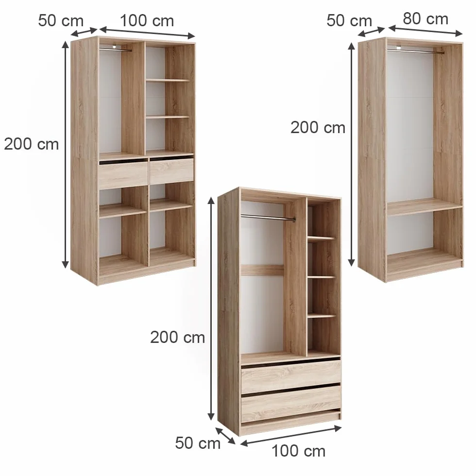 Vicco Armario Elmo, Sonoma, 280 x 200 cm Lote de 3, para un Almacenamiento Flexible de Todo Tipo de Prendas de Vestir