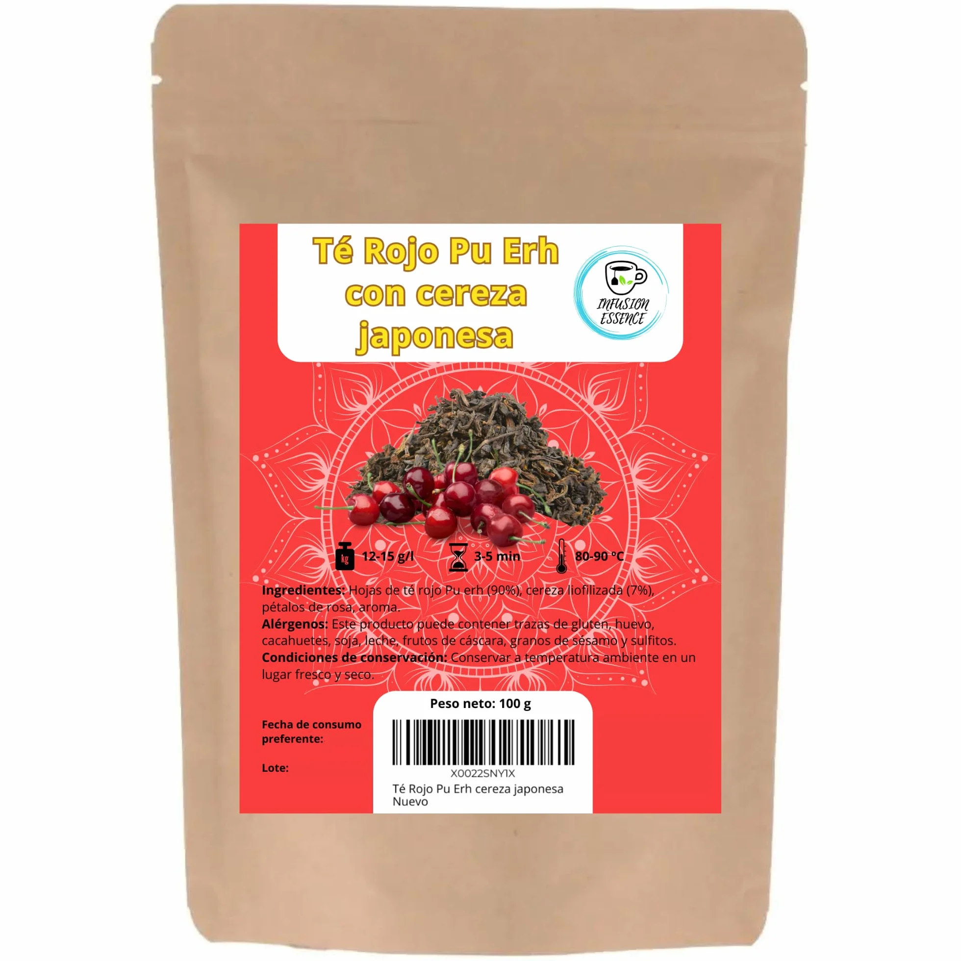 Té Rojo Pu Erh con Cereza Japonesa 100 g Antioxidante Energético Digestivo Hojas Sueltas