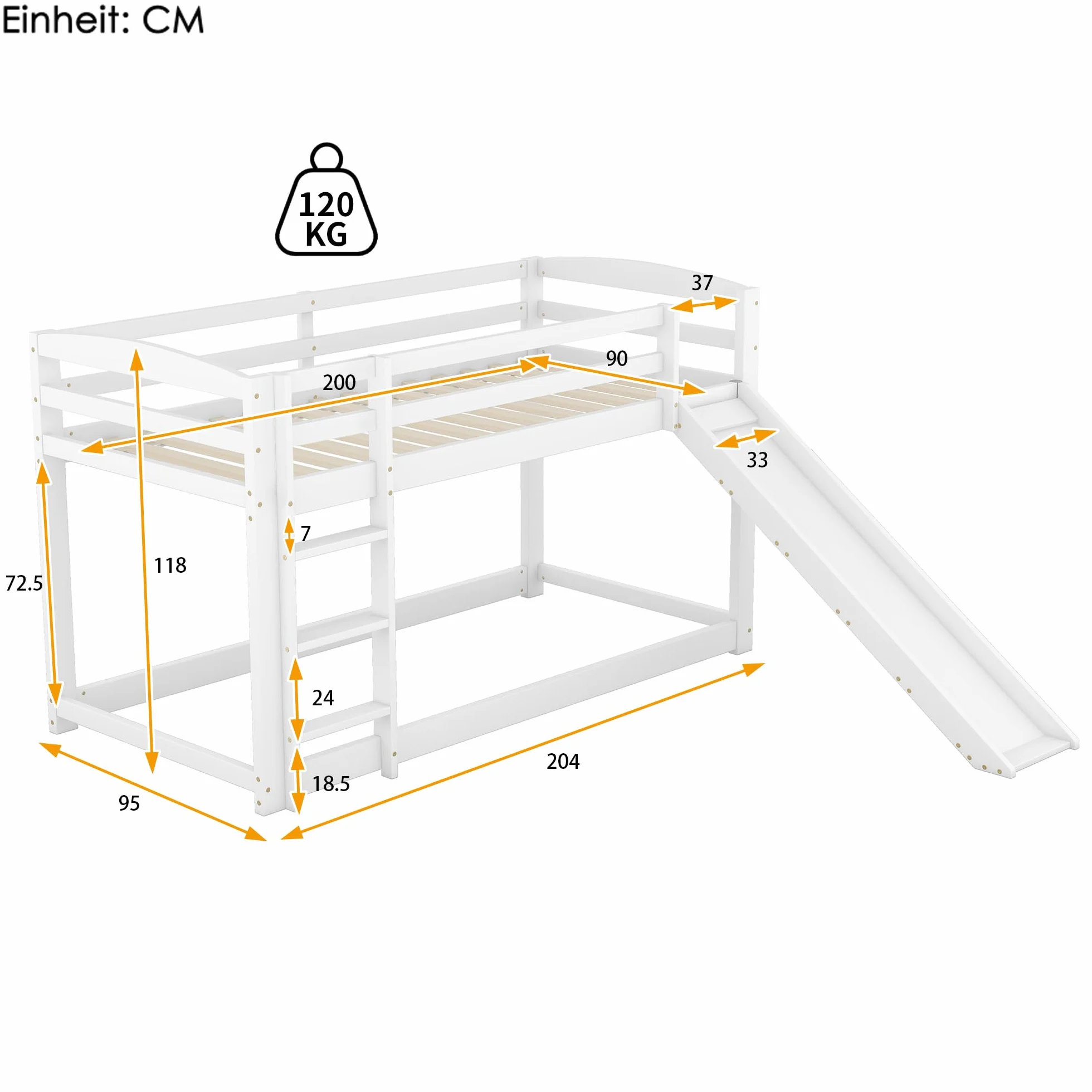 Azkoeesy Litera Infantil de 90 x 200 cm con tobogán y somier, con protección anticaída, Cama Individual, Cama para Adolescentes, Madera de Pino, Color Blanco.