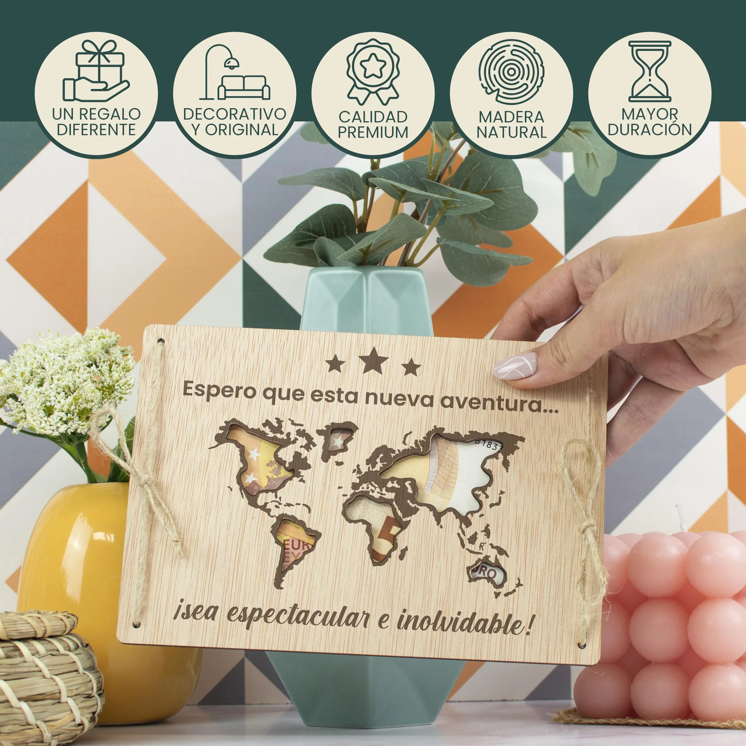 CONTRAXT Tarjeta de Madera para Fondo de Viaje Regalo Original Vacaciones Aventuras Soporte Creativo Regalar Dinero