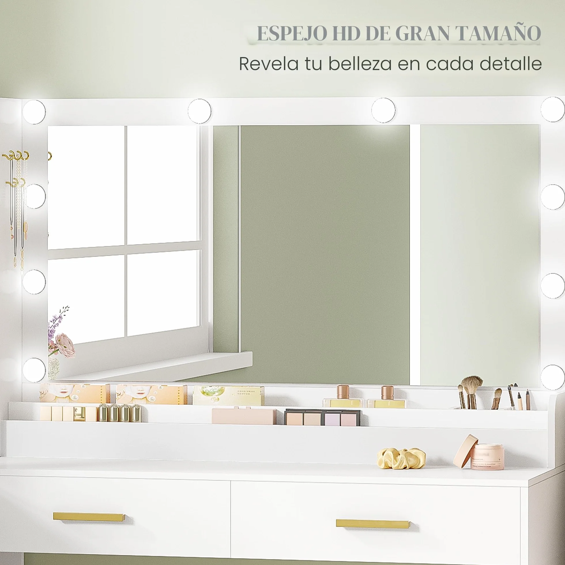 HEXCELEN Tocador de Maquillaje con Espejo LED, Brillo Ajustable, Mesa de Maquillaje con Toma de Corriente, Tocador con Taburete, 5 Cajones, Estantes de Almacenamiento, 40 × 120 × 139 cm, Blanco