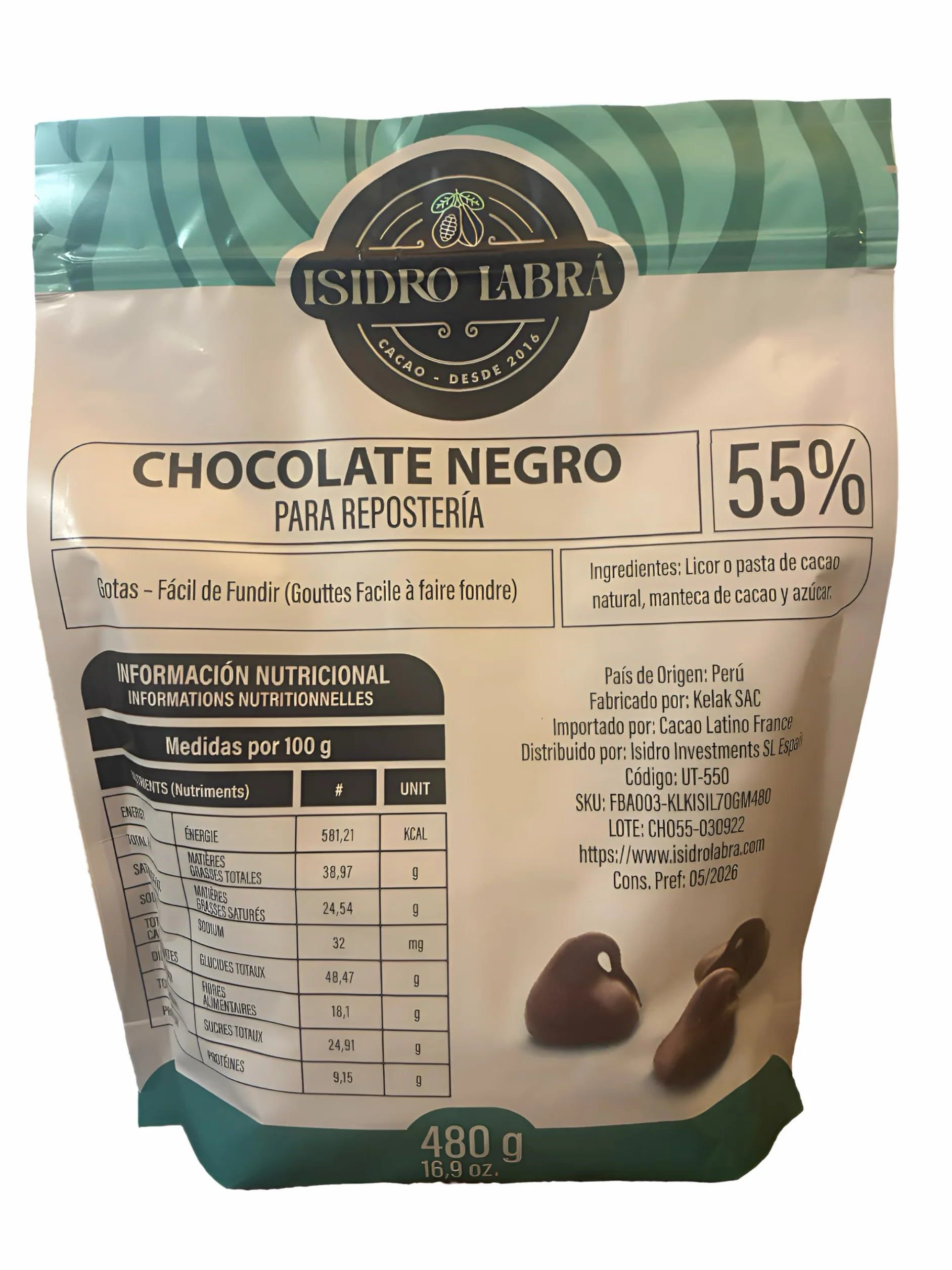 Isidro Labrá Chocolate negro repostería 55% manteca de cacao puro monedas 480g