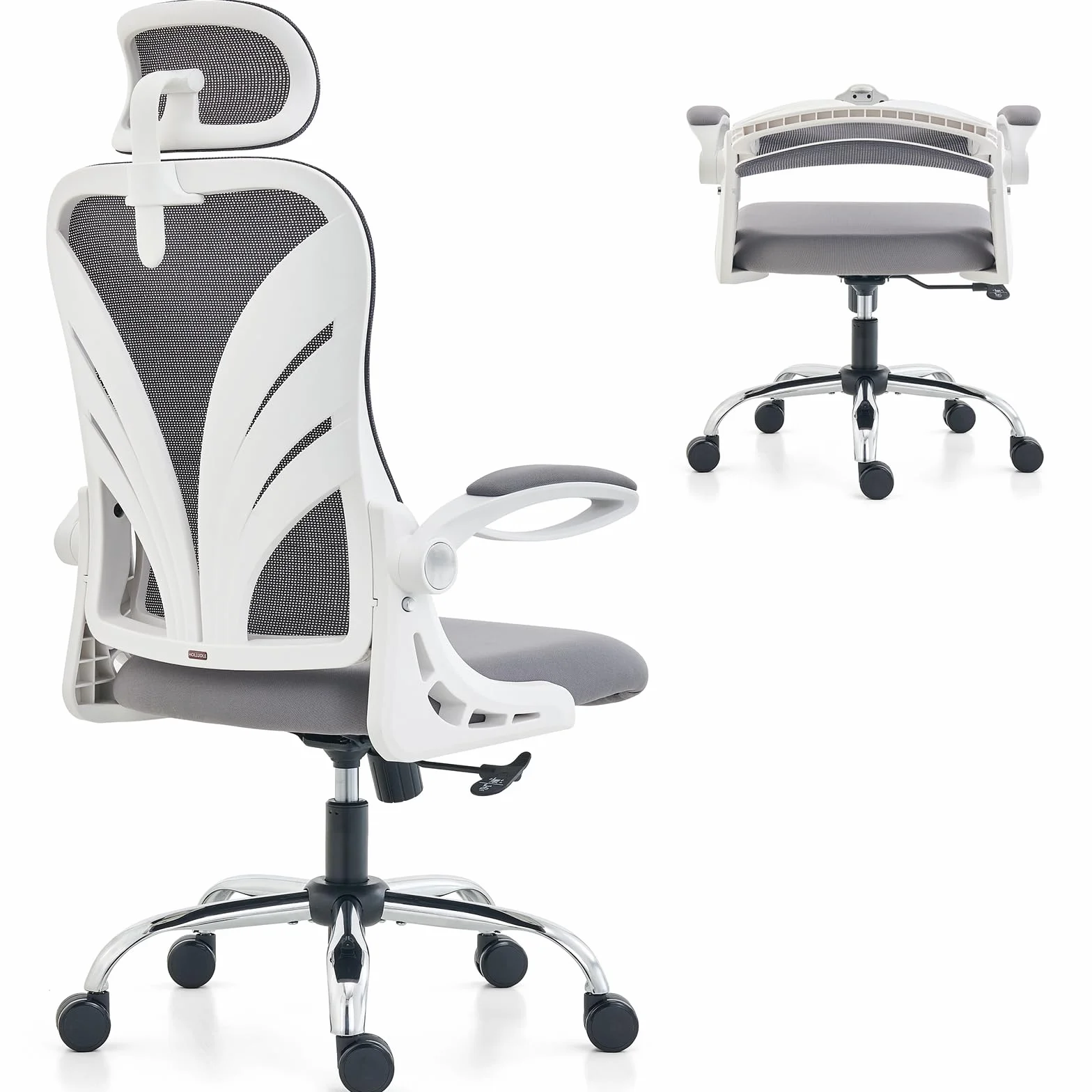 Silla Ergonómica de Oficina con Respaldo Plegable, Reposabrazos, Reposacabezas 2D y Soporte Lumbar, Giratoria Ejecutiva, Blanca