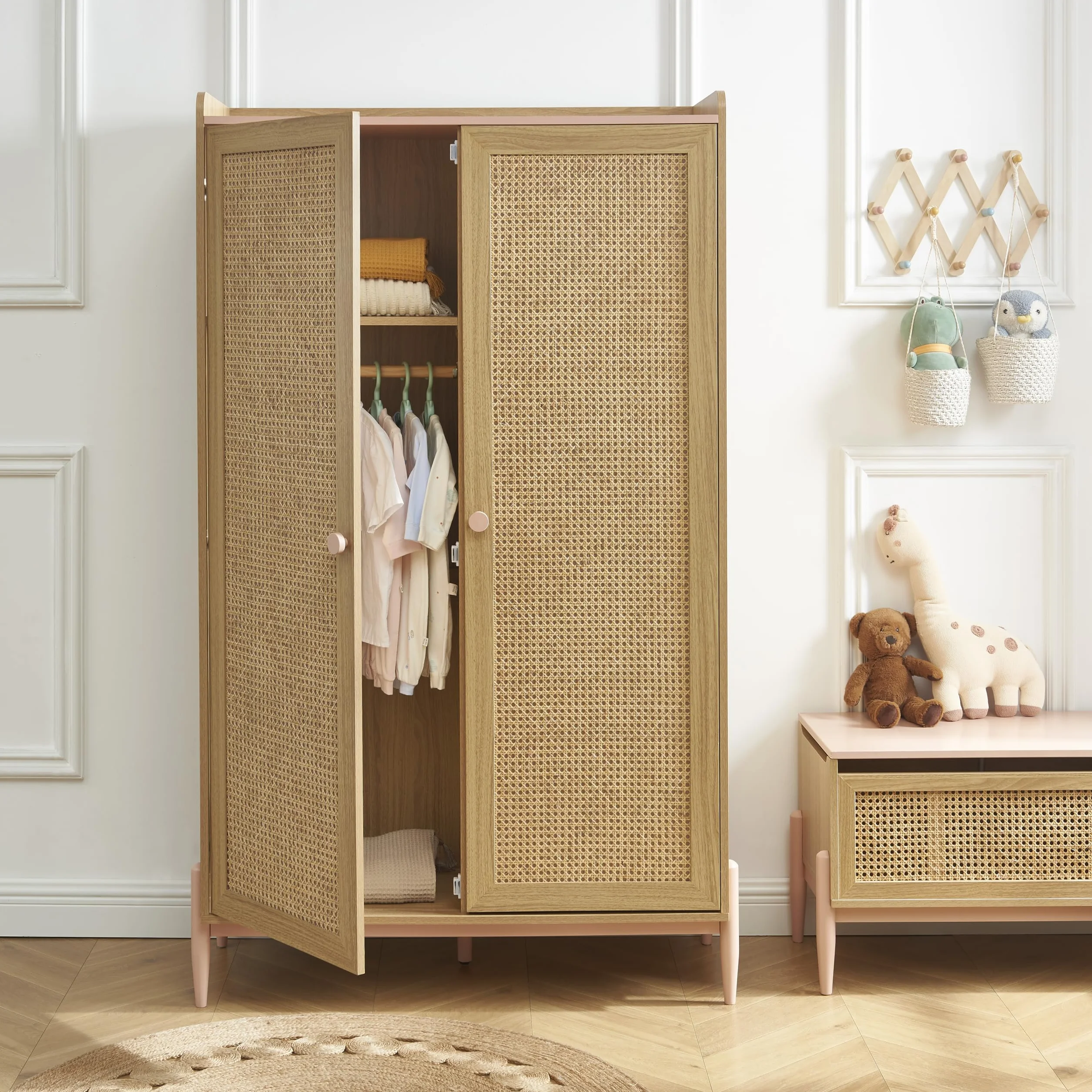 BAÏTA Armario Infantil Madera aglomerada Trenzado Efecto Roble Rosa 100 cm