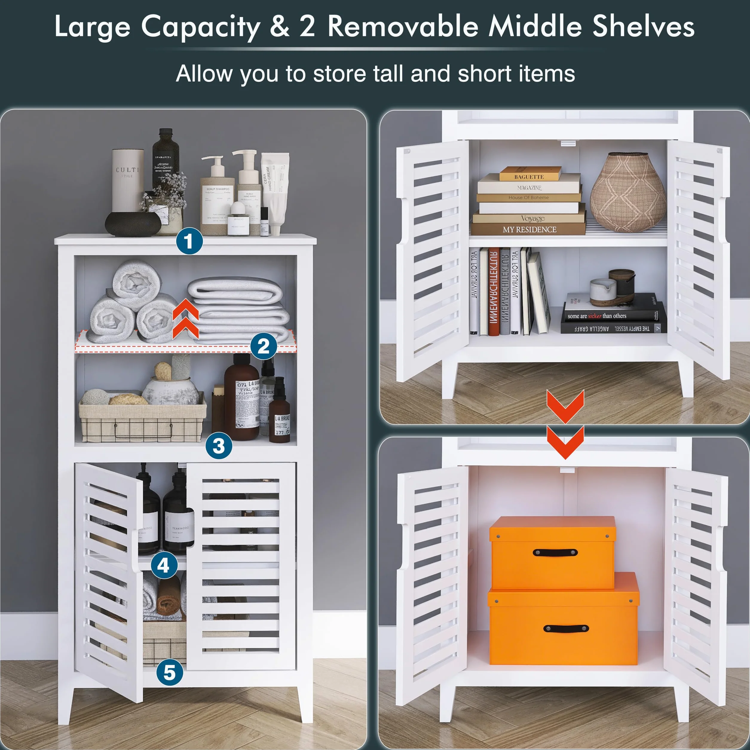 HITNET Mueble Baño Bambu, Armario Bajo Baño Auxiliar, Gabinete de Almacenamiento con Doble Puerta, Estante Ajustable, para Sala de Estar, Cocina, Entrada, Blanco