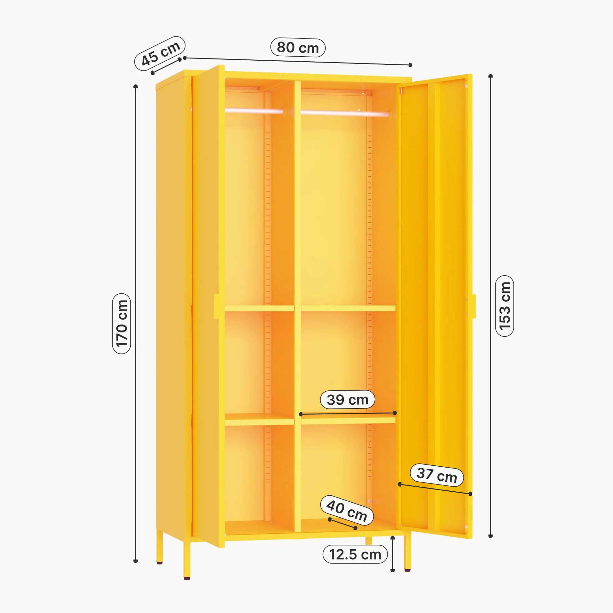 [en.casa] Armario Dormitorio Esteli con 2 Puertas 2 Percheros 4 Estantes Regulables Armario Ropero Clóset para Dormitorio Vestidor Acero 170 x 80 x 45 cm - Amarillo