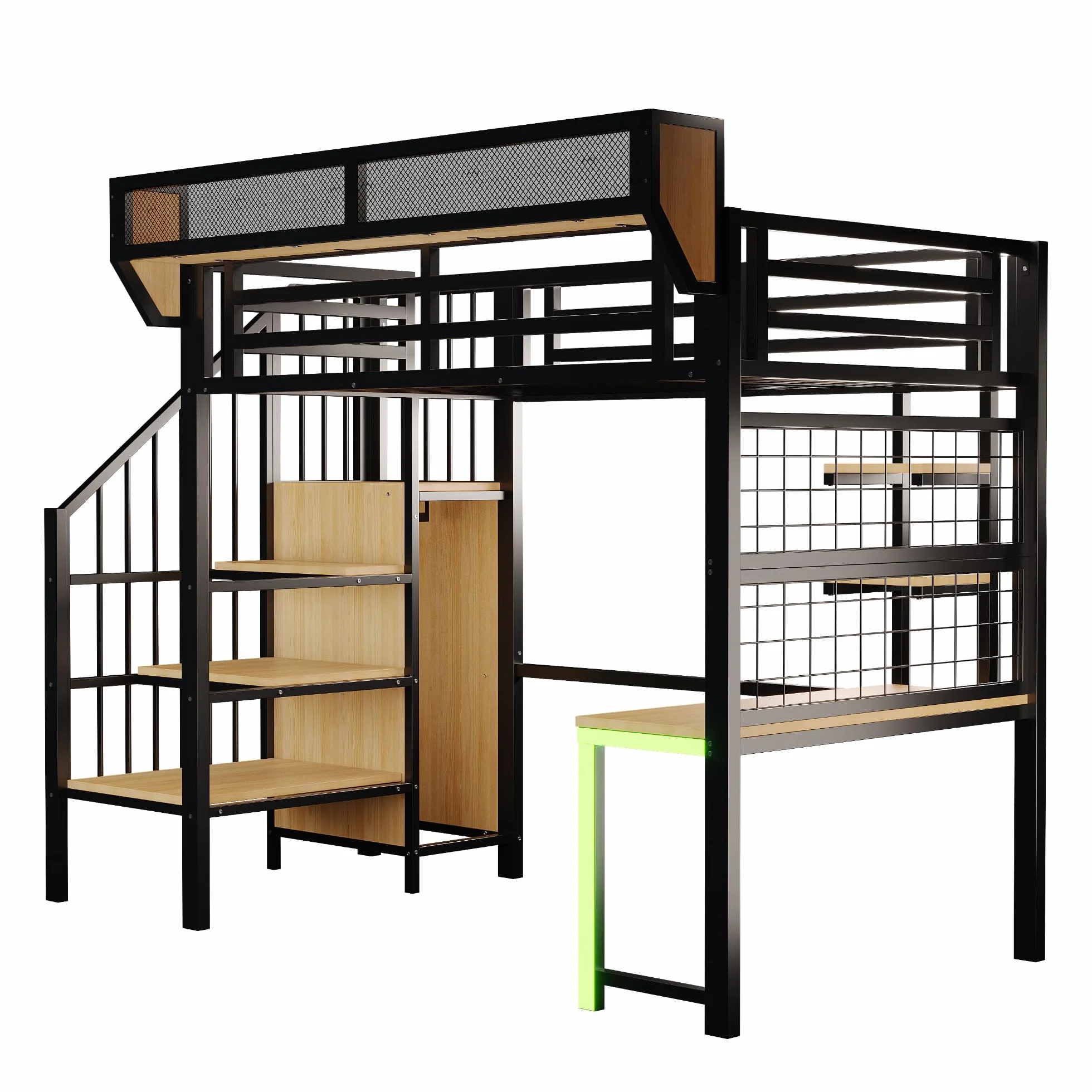 Cama alta de metal 90 × 200 con luces LED, enchufe, escritorio, estante, red de almacenamiento, litera para niños con escalera portaobjetos, estructura de cama individual, color negro
