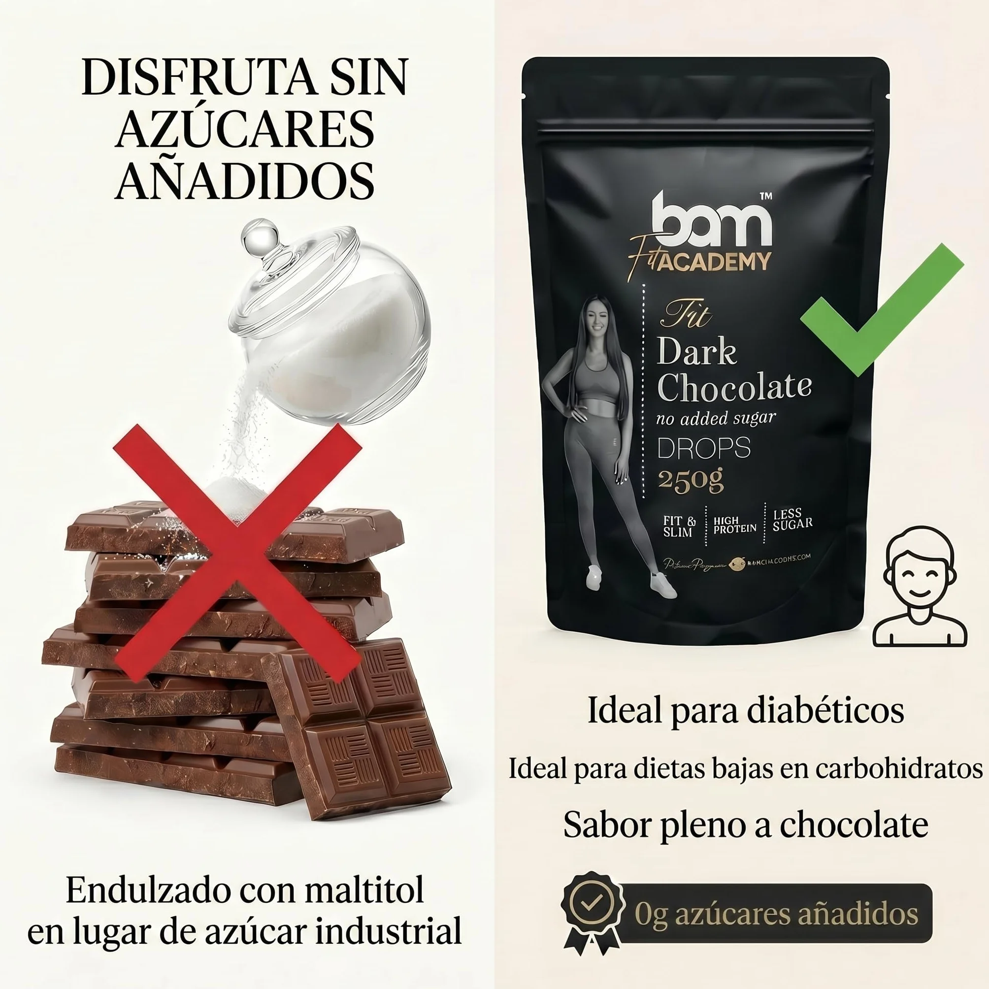 BAM Pepitas de Chocolate Negro sin Azúcar Añadido 250 g – Gotas de Repostería 55.4% Cacao