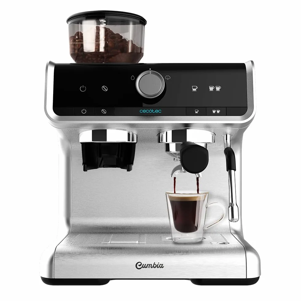 Cecotec Cafetera Express con Brazo con Doble Salida Power Espresso 20 Bares Barista Cream, 1550 W, Depósito de Café en Grano 250g, Molinillo 30 Niveles, Thermoblock, Depósito Agua 2.5 L, Acero Negro