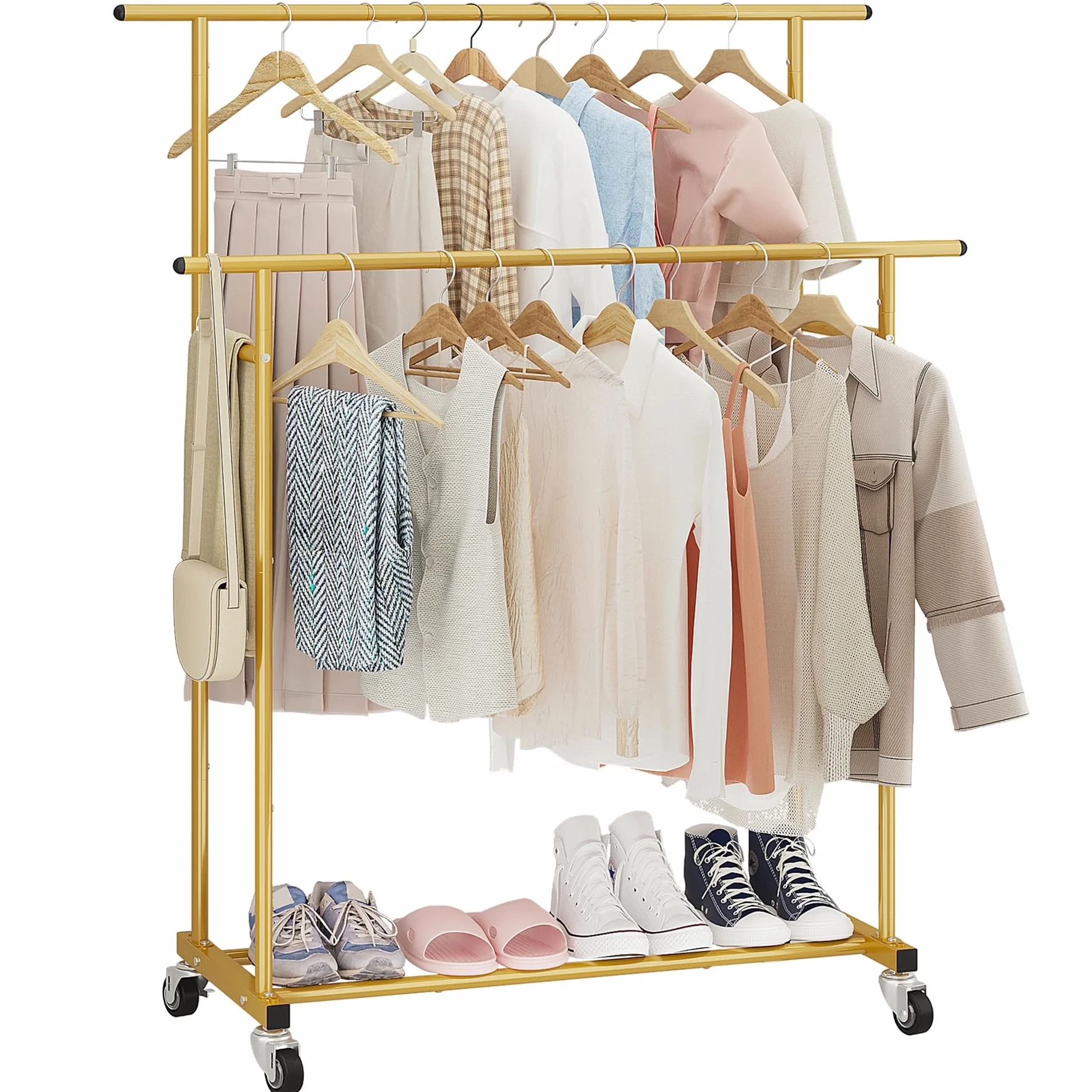 Calmootey Perchero de ropa de doble barra, estante colgante rodante, organizador de ropa portátil para dormitorio, sala de estar, tienda de ropa, dorado