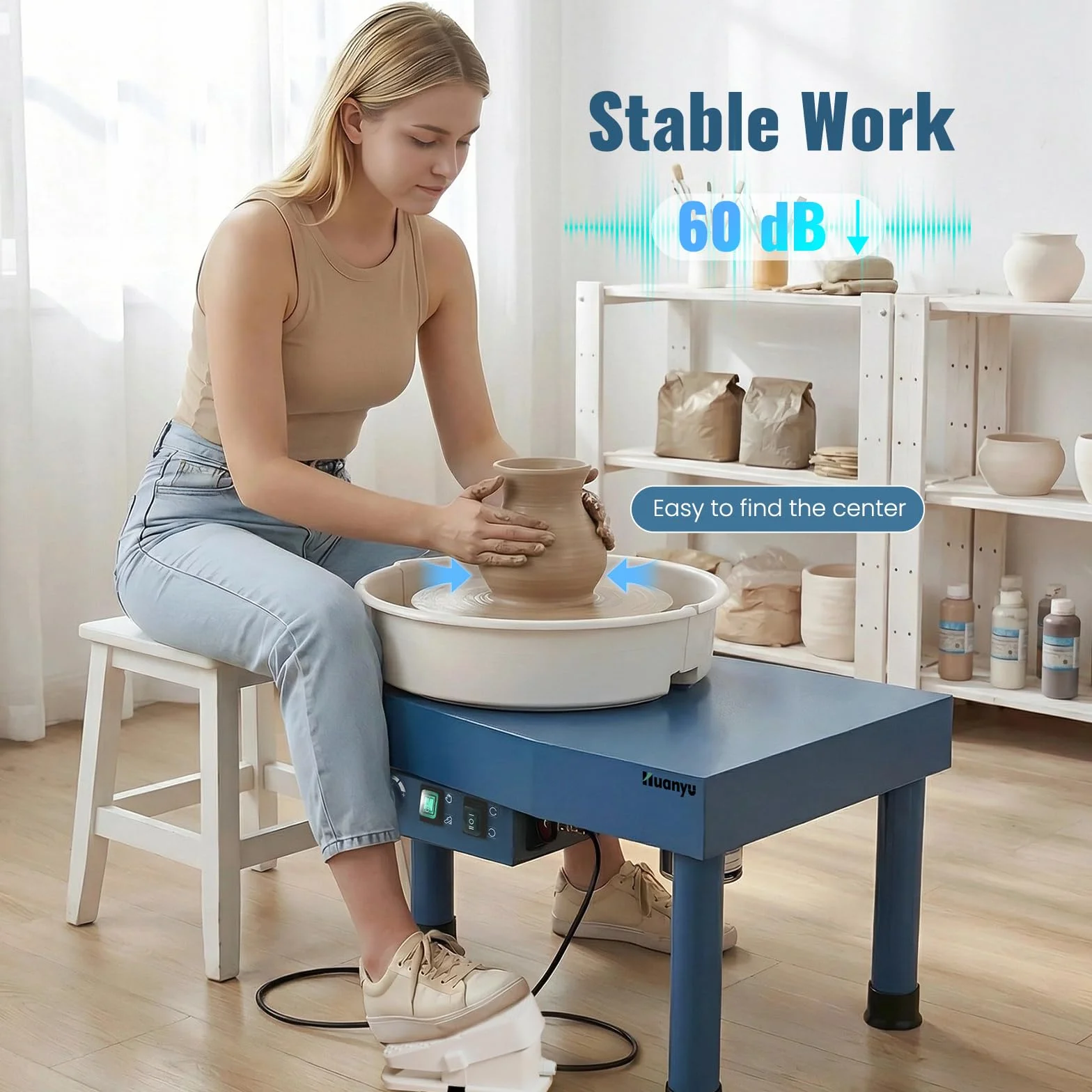 Huanyu Torno de alfarero de 30 cm con Sistema de Plato Giratorio. Torno eléctrico de 350 W con Control Manual/de pie para Adultos y Principiantes, con Kit de Herramientas de alfarería