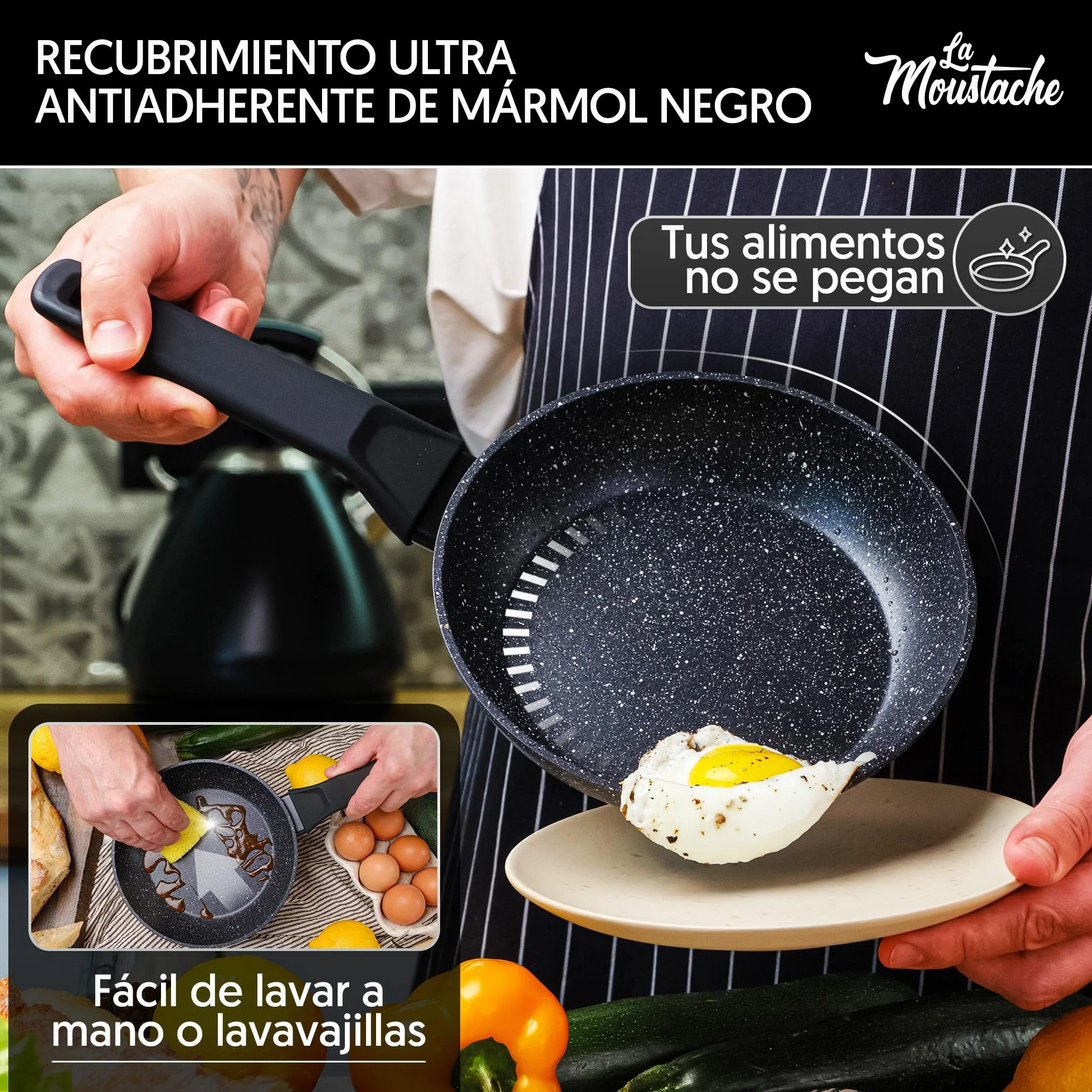 Juego de Ollas y Sartenes La Moustache 8 Piezas Aluminio Antiadherente sin PFOA PFOS Apta Inducción