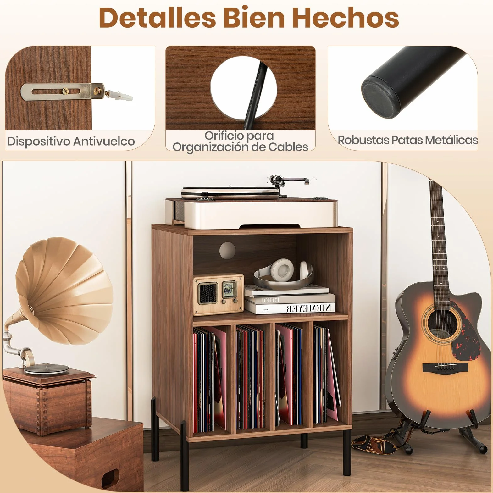 GIANTEX Mesa Auxiliar para Tocadiscos, 53x45x78.5 cm, Mesilla de Noche con Carga, 150 Discos, Marrón