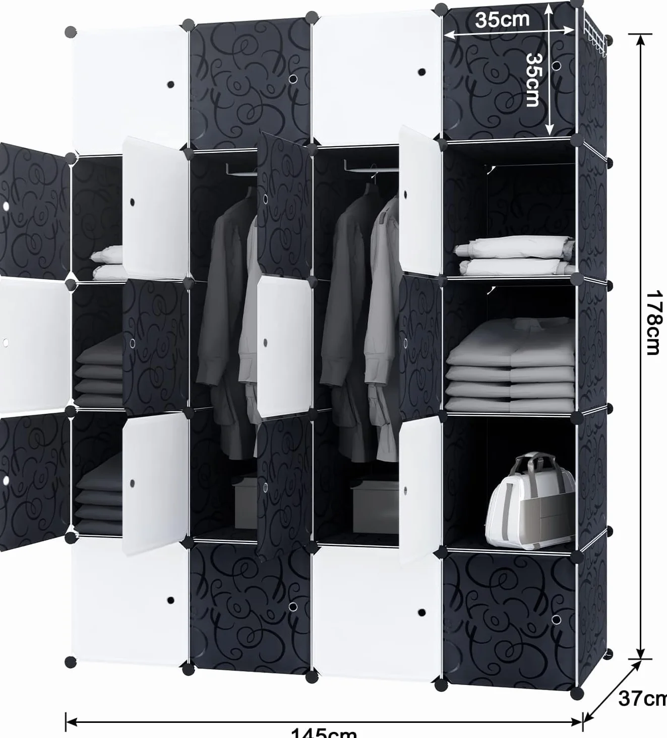 HENGMEI Armario con 20 Cubos Plástico PP Perchero Portátil 2 Barras 145 x 178 x 37 cm