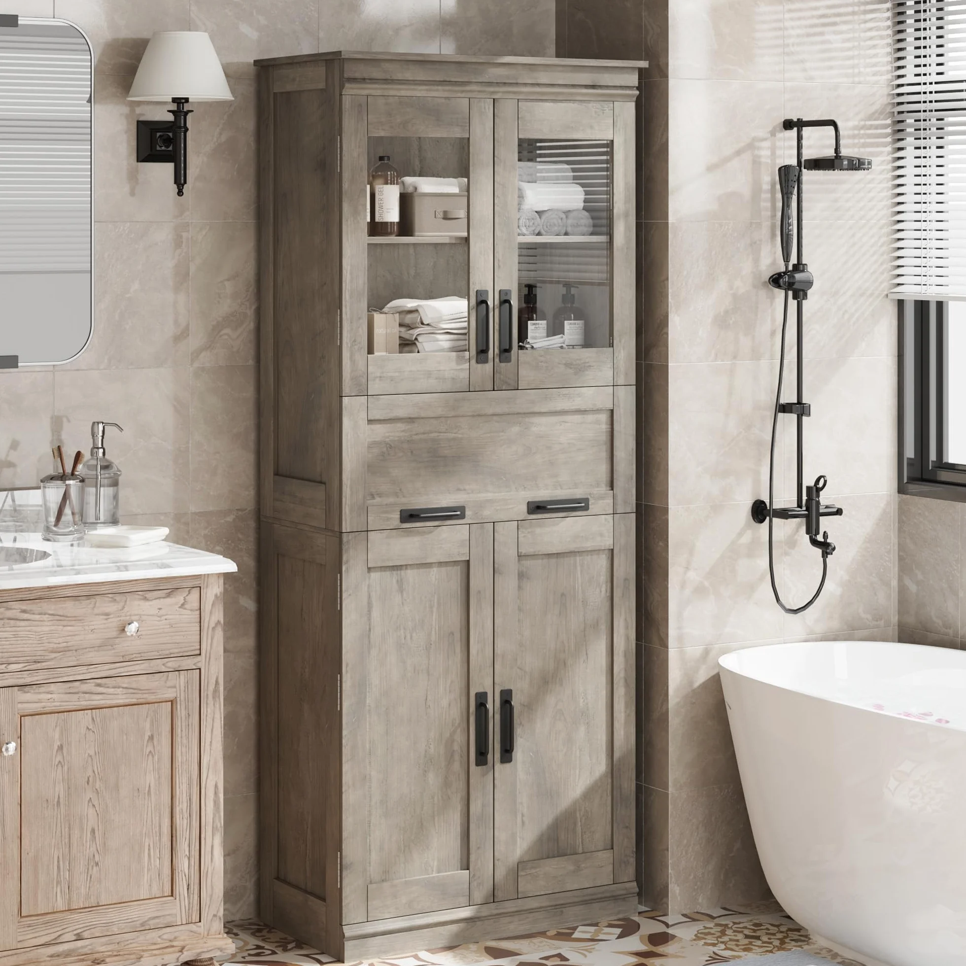 Armario de Baño Estilo Clásico Antiguo, Premium Ancho, Gran Almacenamiento, Ideal para Cocina, Baño y Salón. Estructura de Madera Maciza. 60 × 30 × 170 cm, Color Gris