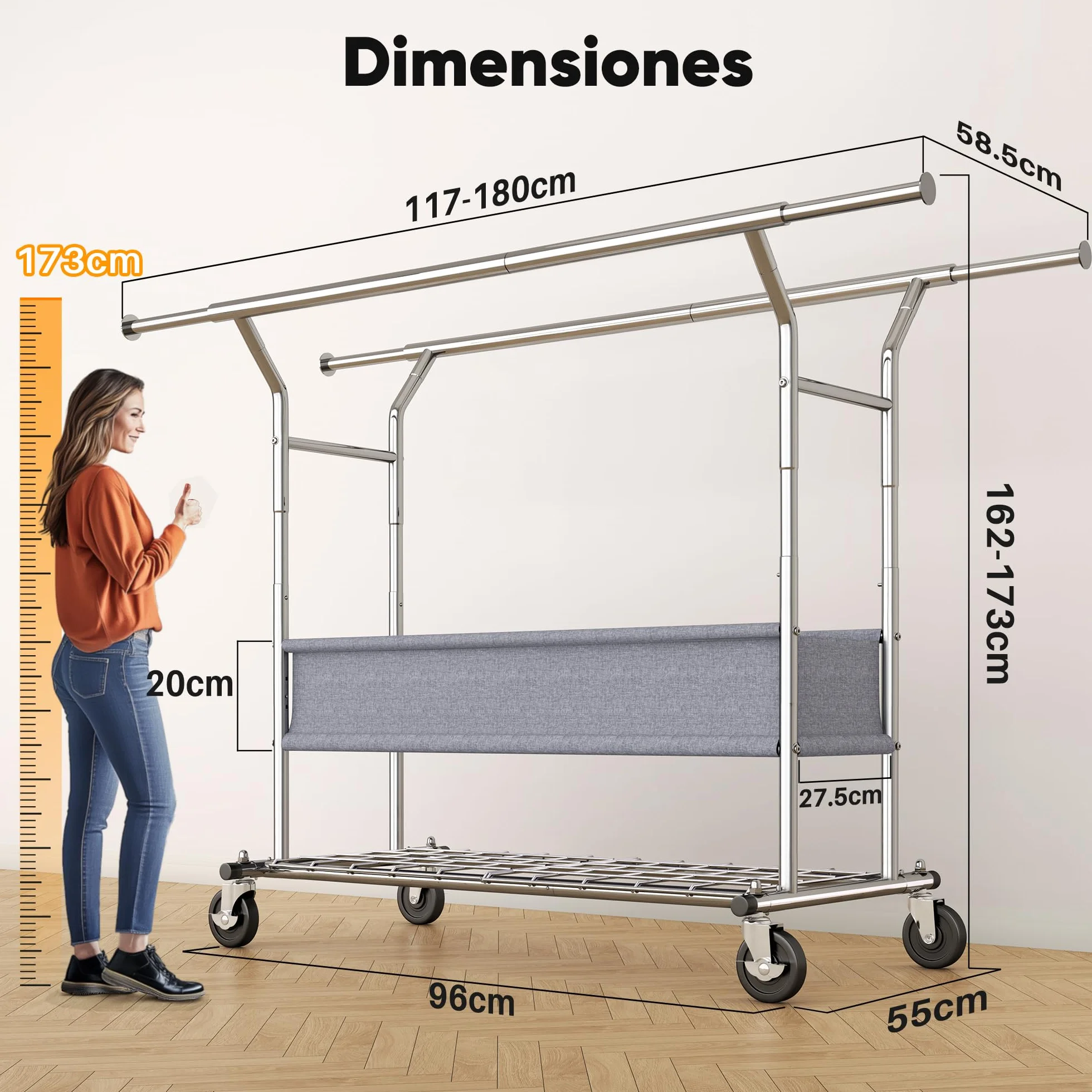 HOKEEPER Burro de Ropa Resistente de Doble Barra con Ruedas, 283kg, con Cesta de Tela y Estante, Extensible - Ideal para Dormitorio, Boutique
