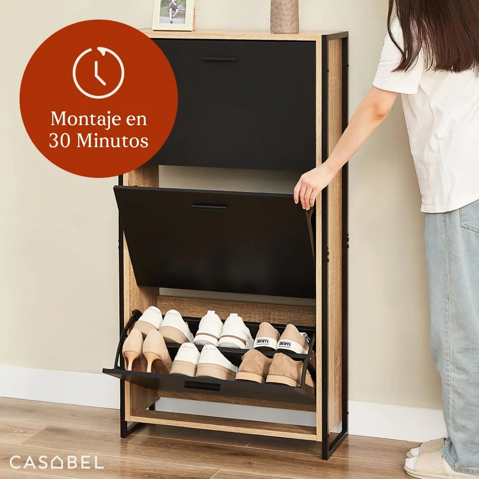 CASABEL Mueble Zapatero 18 Pares, 3 abatibles, Mueble Zapatero de Entrada con Estructura metálica Reforzada Negro, abatibles Madera Clara, instalación rápida, 23,5x63x119cm