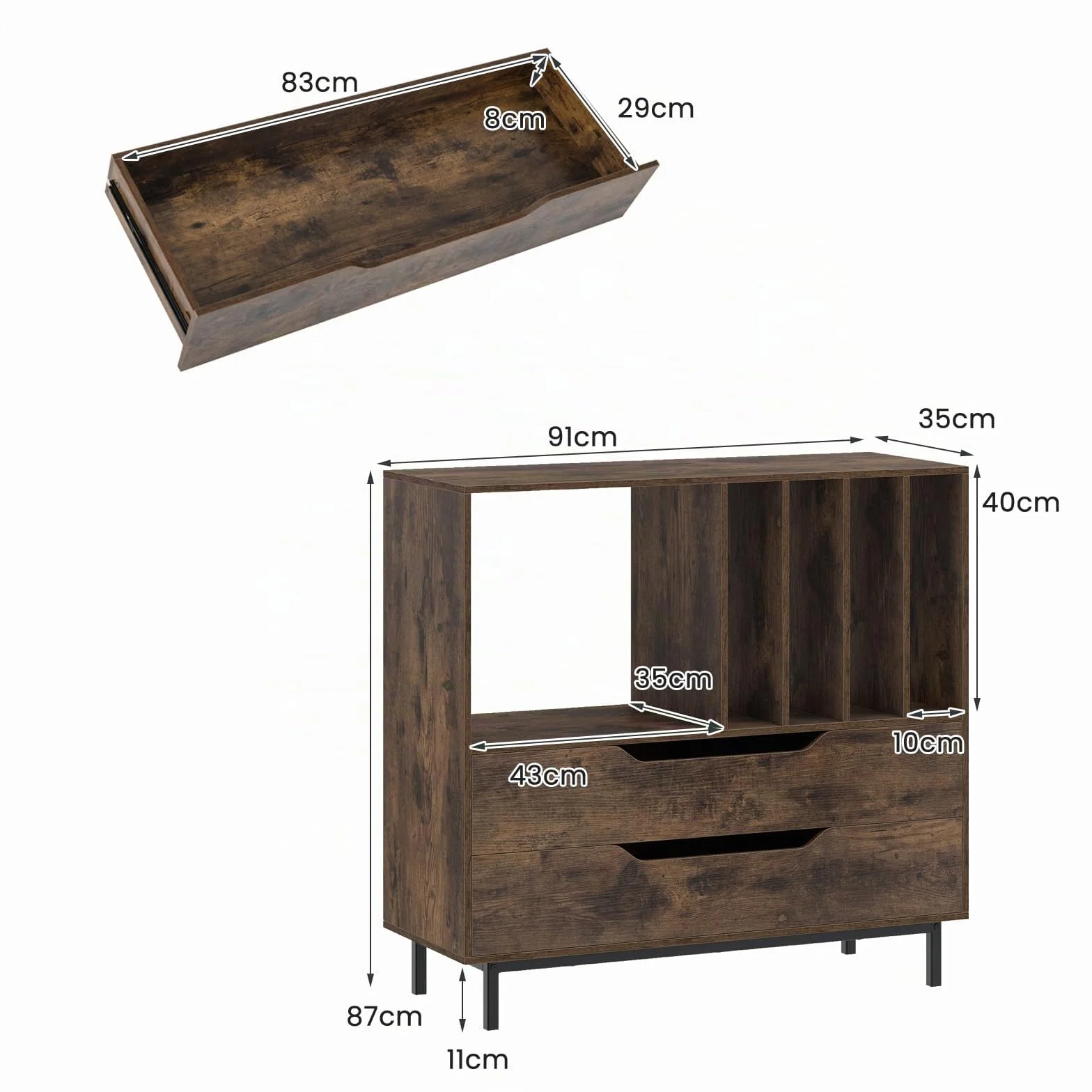 KOMFOTTEU Mueble para Tocadiscos con 2 Cajones, Soporte de Vinilo, Patas de Metal, 91x36x87 cm Marron