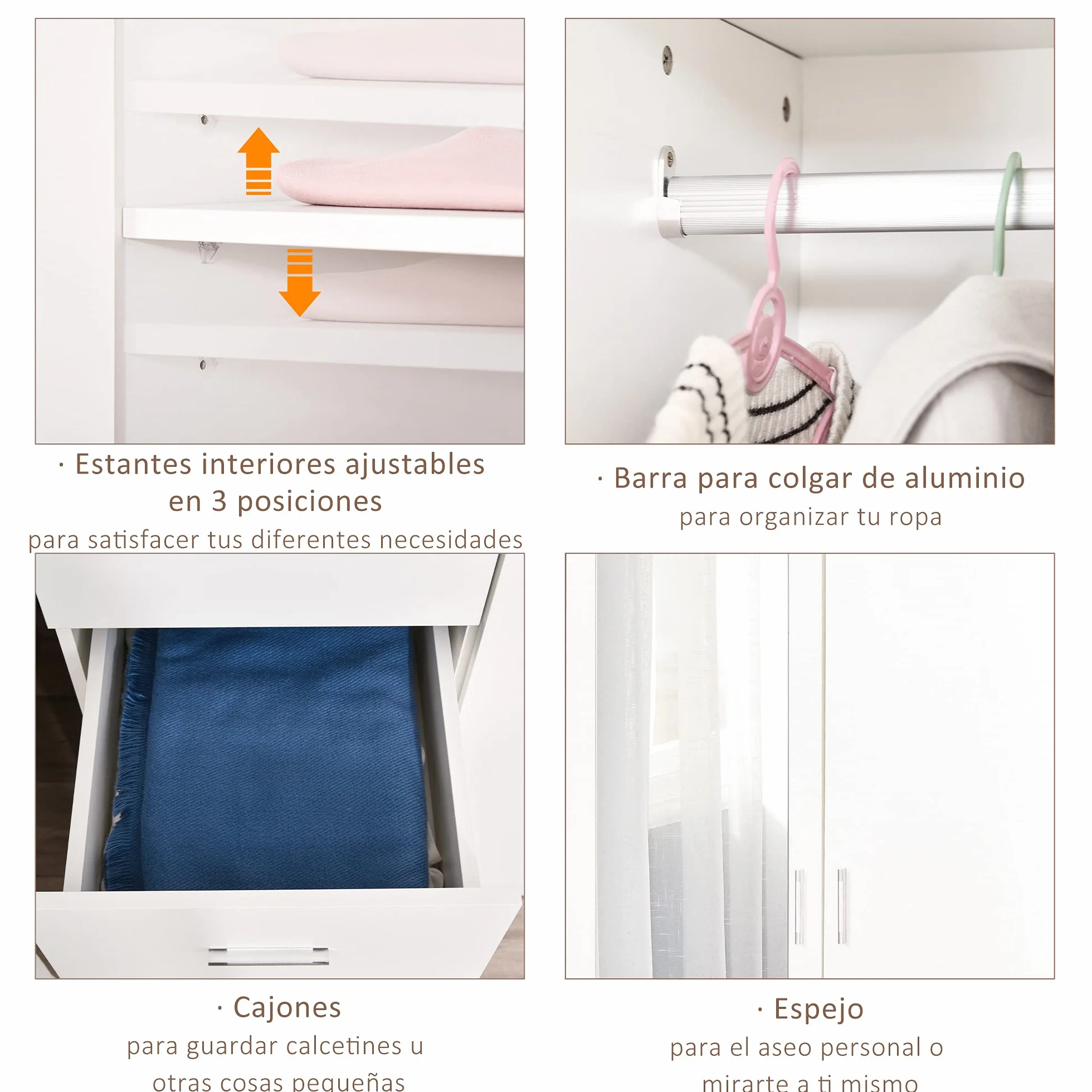 HOMCOM Armario Ropero de 2 Puertas con Espejo 3 Cajones Estantes Ajustables y Barra para Colgar Incluida Mueble Auxiliar para Dormitorio Habitación 80x50x180 cm Blanco