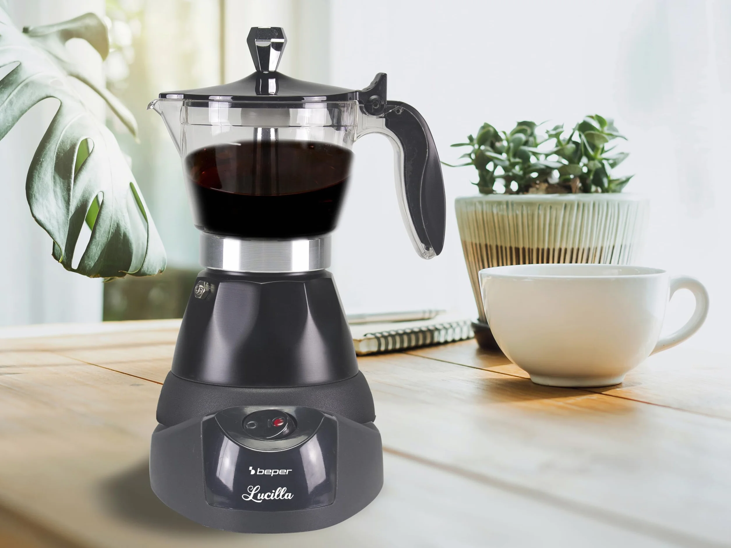 BEPER BC.040N Cafetera Eléctrica Moka Pot, 3 tazas, Auto-Off, Negro