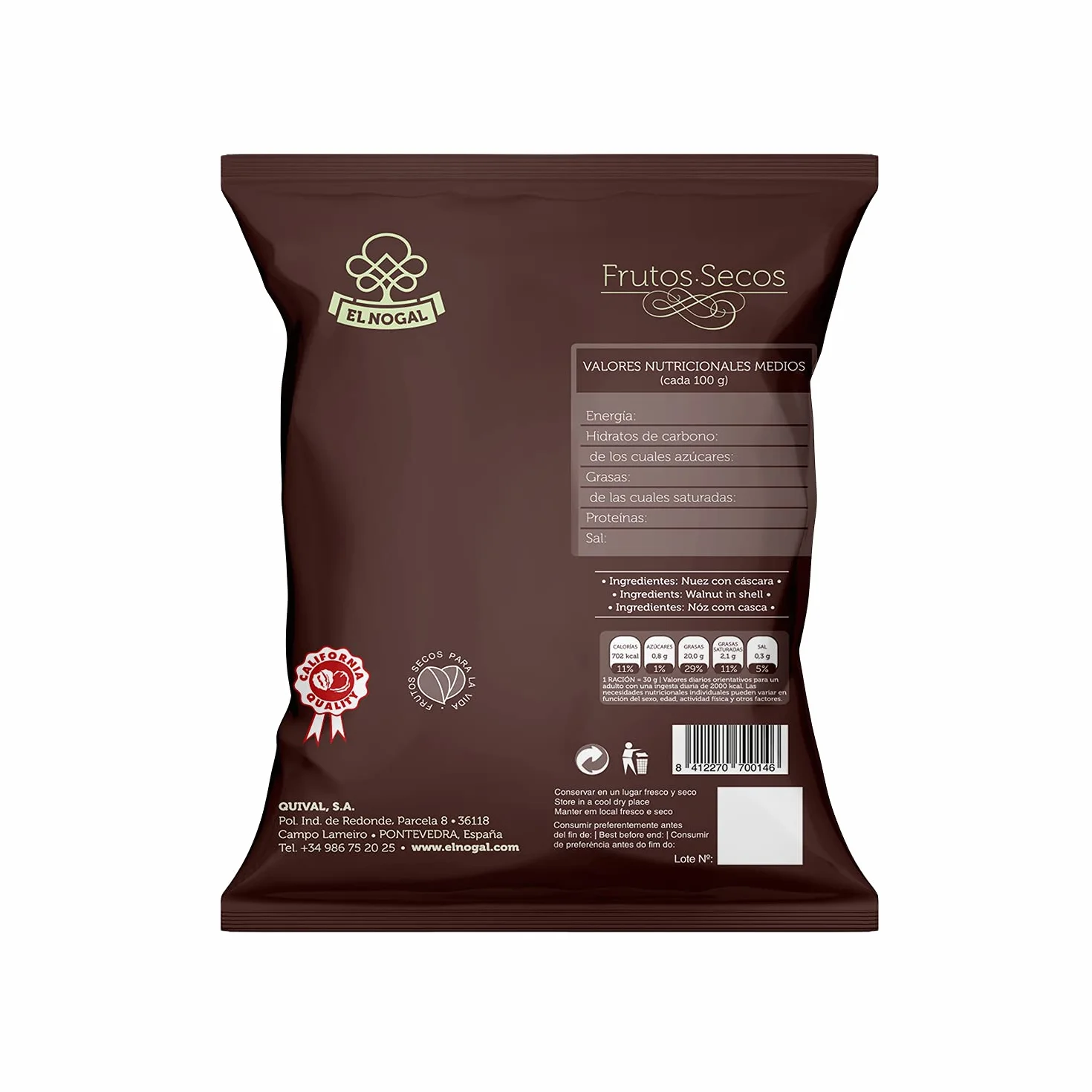 EL NOGAL Frutos Secos Nuez Cascara Bolsa 400 G