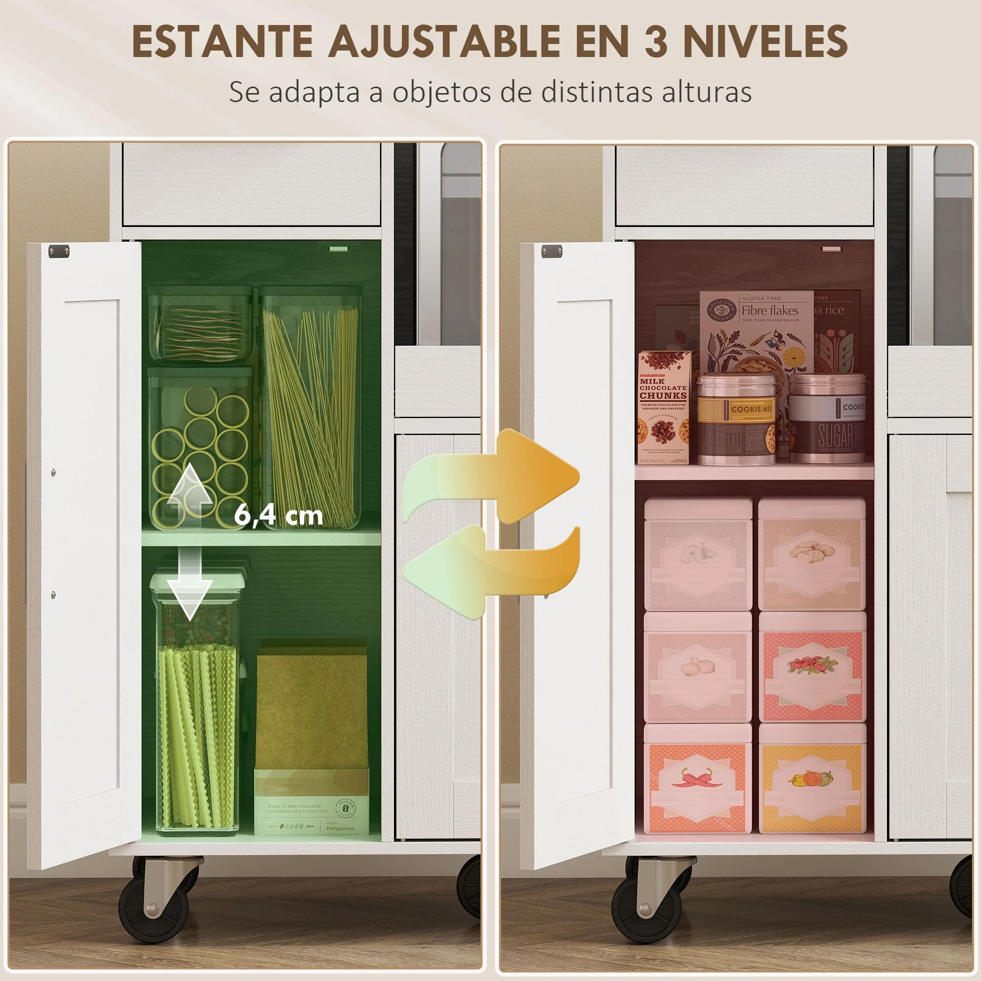 HOMCOM Mueble Auxiliar de Cocina con Ruedas, Aparador de Cocina para Microondas con Bandeja Deslizante, Cajón, 3 Puertas, Estante Ajustable y Orificio para Cables, para Salón, 80x40x88,7 cm, Blanco