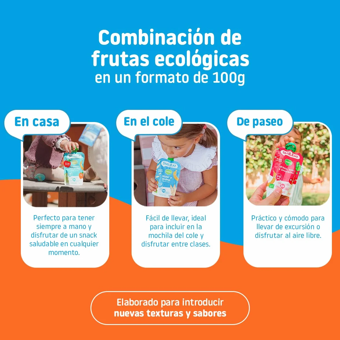 Pouch de Frutas Ecológicas Smileat - Zanahoria, Pera y Plátano - Sin Azúcar Añadido, Sin Gluten - Snack Práctico