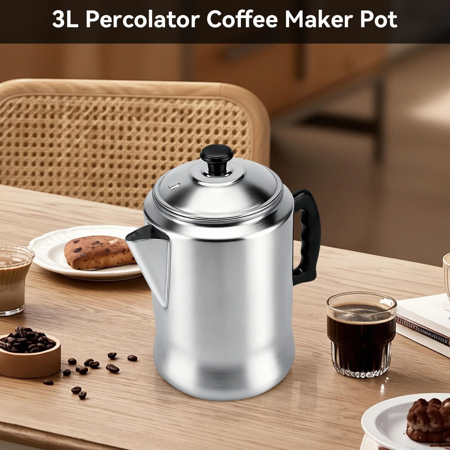 HERCHR Cafetera Italiana de Aluminio 3L, Gran Capacidad, Moka para Estufa, Hogar y Camping
