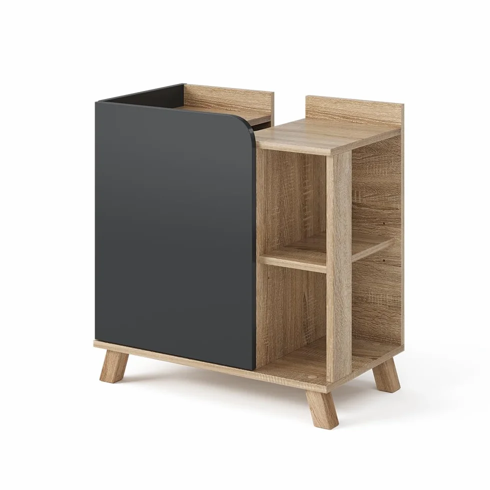 Vicco Mueble bajo Lavabo Karen, Sonoma/Antracita, 60 x 65 cm con Puerta y Compartimentos Abiertos, con Recorte para sifón para instalación Debajo del Lavabo