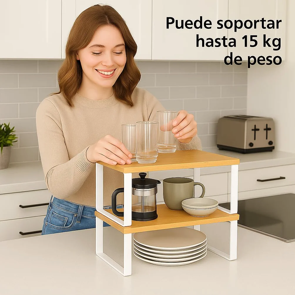 Estante de Cocina Organizador, Juego de 2, Soporte Apilable de Armario y Encimera, Estantería de Almacenamiento de Metal y Madera Técnica, Blanco