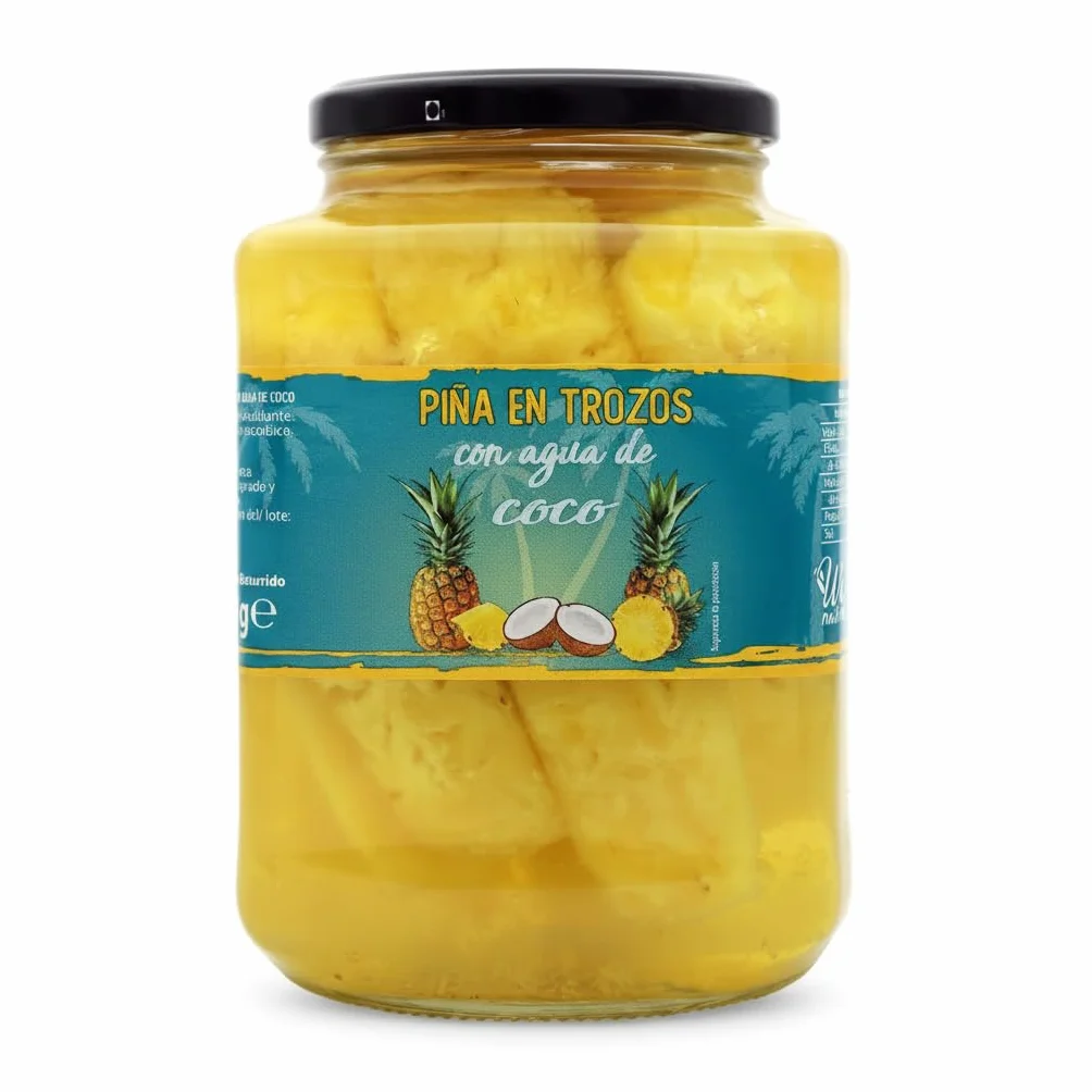 We Natural Piña en Trozos con Agua de Coco 1190g - Fruta en Tarro de Cristal 100% Natural sin Azúcares Añadidos - Snack Saludable 69 kcal por 100g