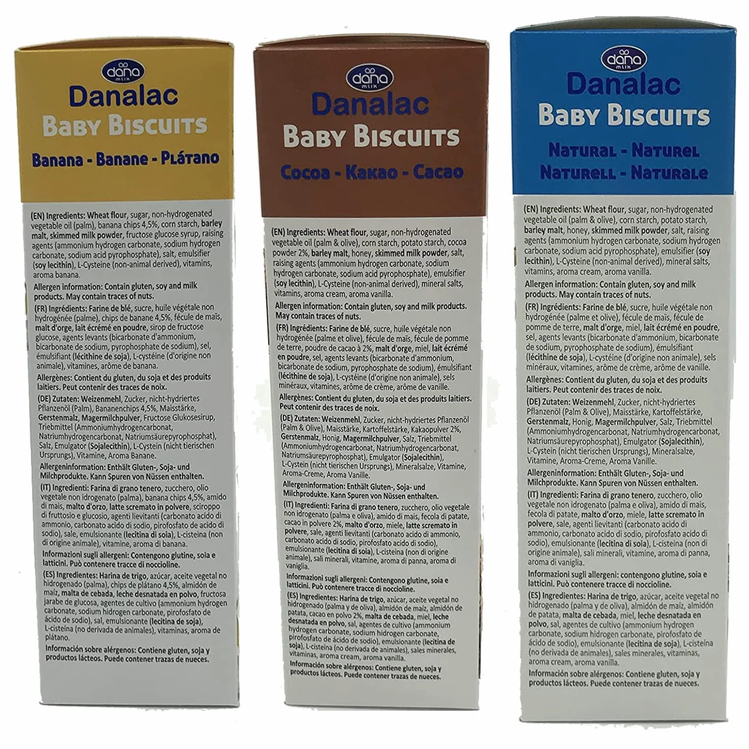 DANALAC Galletas de bebé 120g Paquete combinado 2 plátano 2 cacao 2 natural Aperitivos niños 6 meses calcio hierro vitaminas