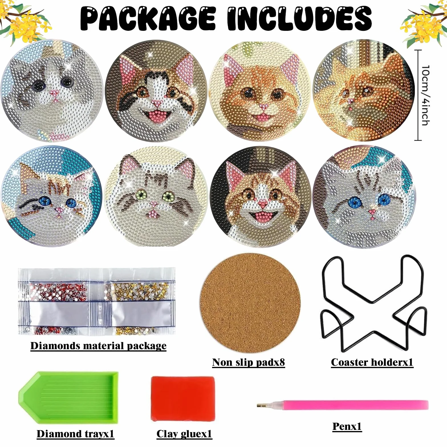8 Piezas Posavasos de Pintura Diamantes Gato con Soporte Antideslizante Juego de Manualidades para Adultos