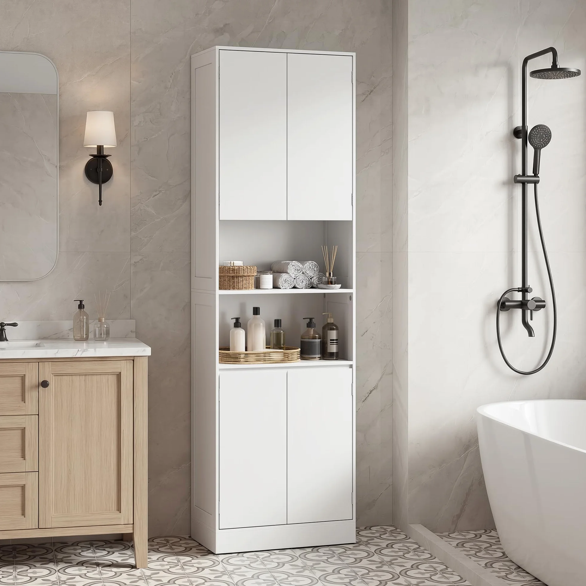 Xbro Mueble de baño 190×30×57 cm, Armario almacenaje con estantes Regulables, cajones y estantes Abiertos, Armario Alto Multiuso para baño, Cocina y salón, Montaje fácil,Blanco