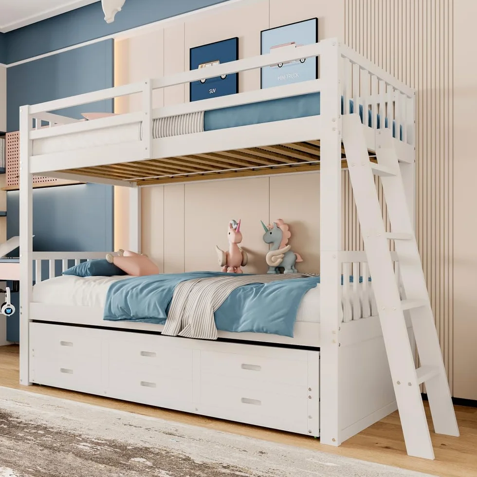 Litera infantil de 90x200cm con escalera, cama extraíble y 3 cajones, estructura de pino y MDF, barandilla alta, convertible en 2 camas individuales, colchón no incluido, Blanco