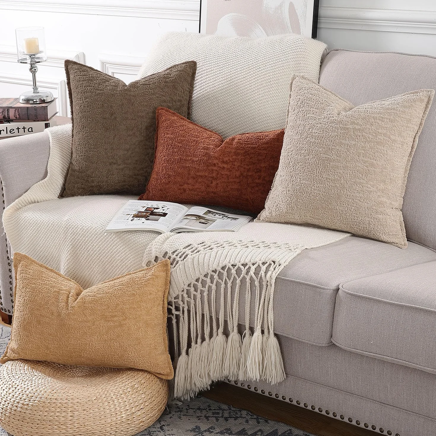 Madizz Juego de 2 Fundas de Cojín de Chenilla Suave con Borde Neutras Taupe 45x45 cm
