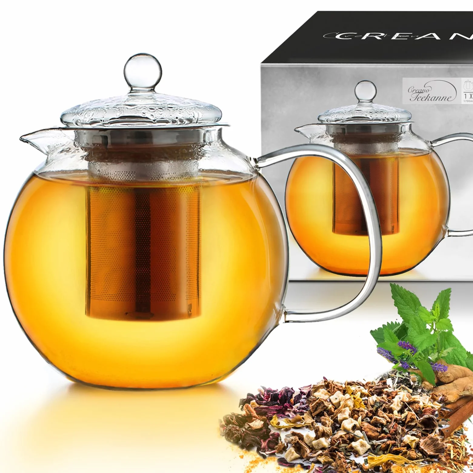 Creano Tetera de Vidrio de Borosilicato 1,7l con Filtro de Acero Inoxidable Extraíble y Boquilla Antigoteo para Té en Rama y Flores de Té