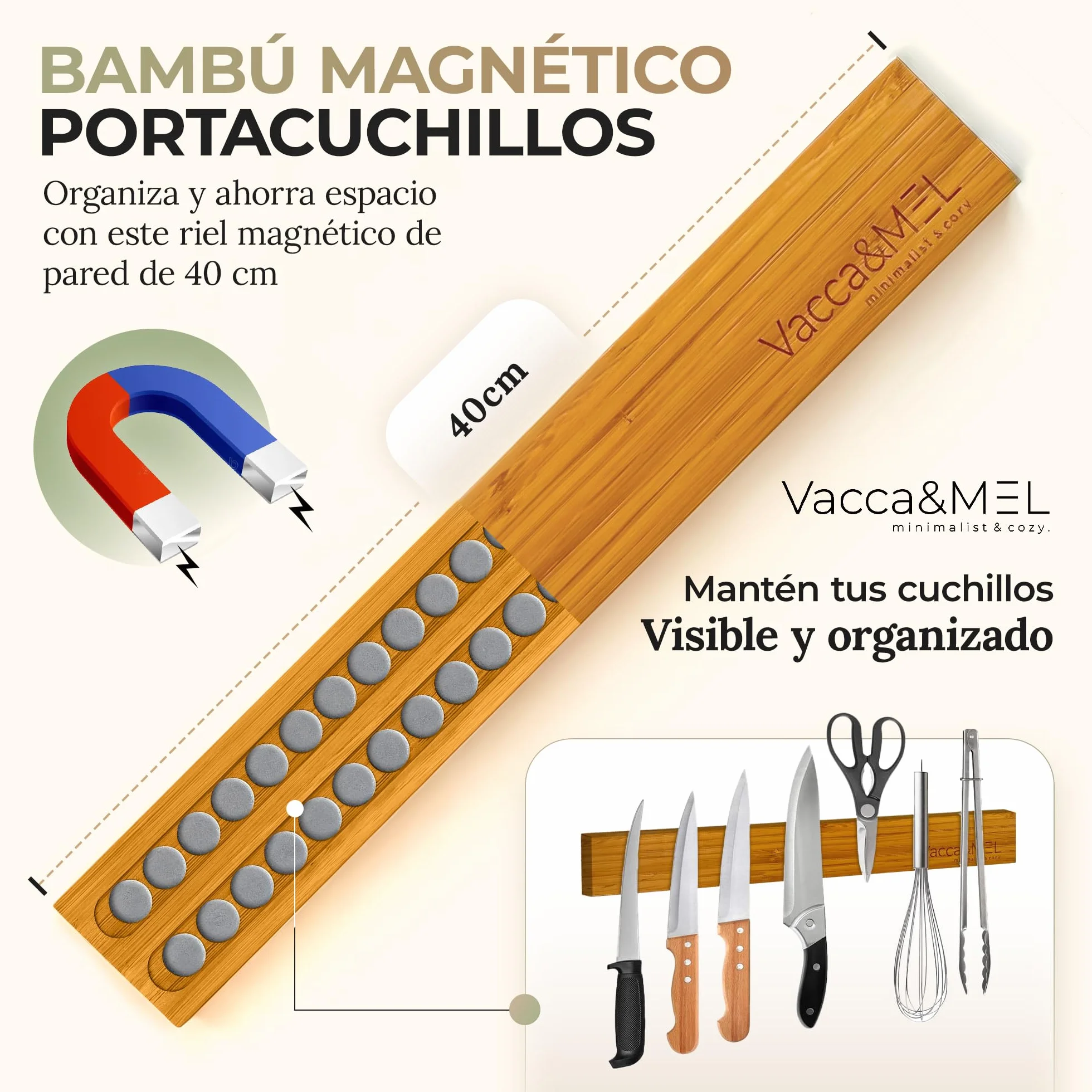 Barra Magnética Cuchillos Pared 40 cm Imán de Cocina Bambú Natural Extra Fuerte Porta Cuchillos Adhesivo Tornillos Organizador con Afilador